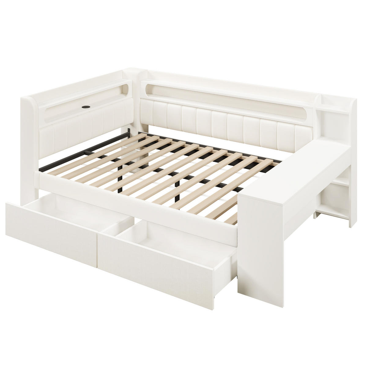 POLSTERBETT 140/200 cm Weiß aus MDF, Sperrholz und Leinen mit LED-Beleuchtung und USB-Anschluss - Weiß, Holzwerkstoff (140/200cm) - OKMYHOME