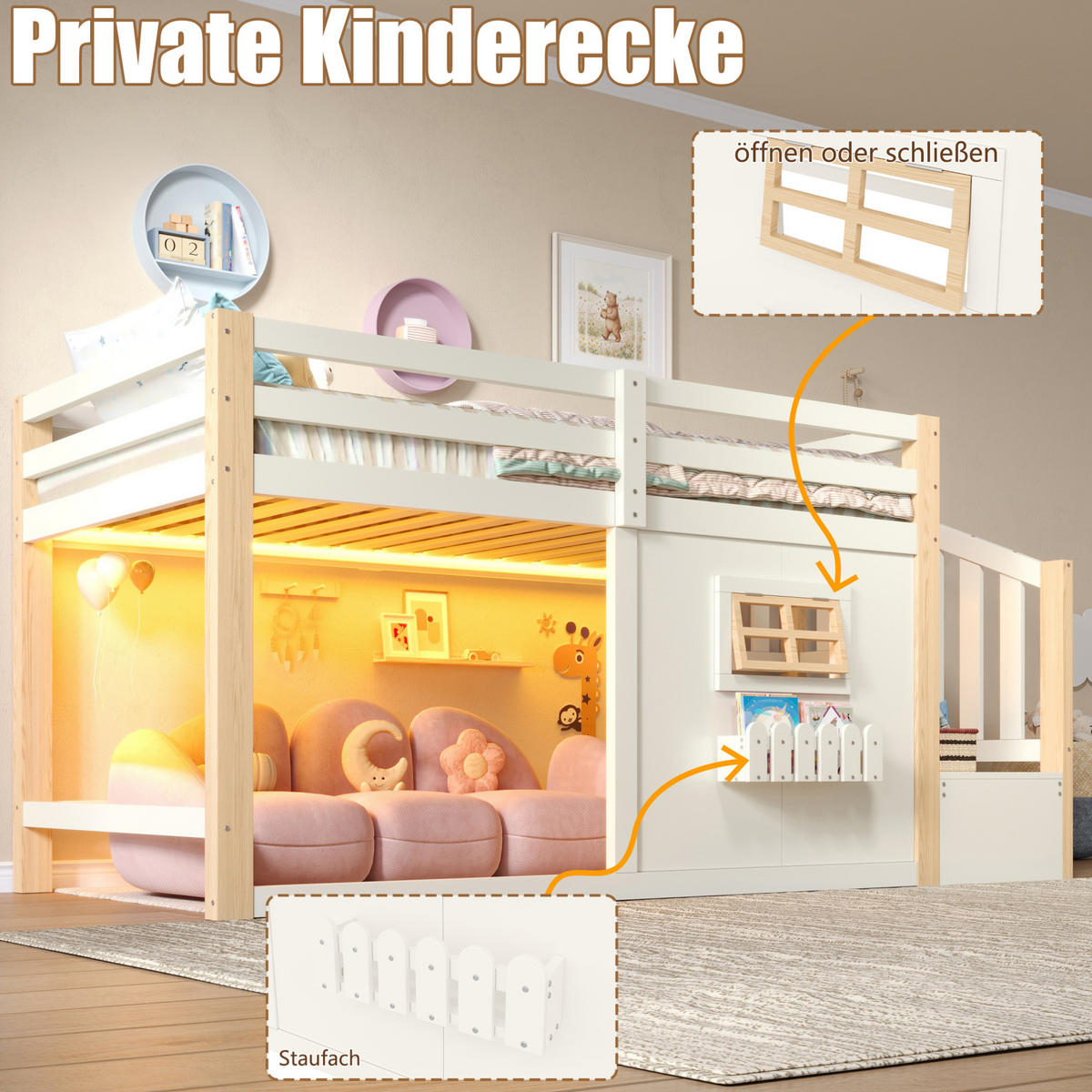 HOCHBETT aus Kiefernholz und MDF 90x200 cm Weiß mit Stauraumtreppe, Fenster und LED-Beleuchtung - Weiß, Holzwerkstoff (90/200cm) - Modfu
