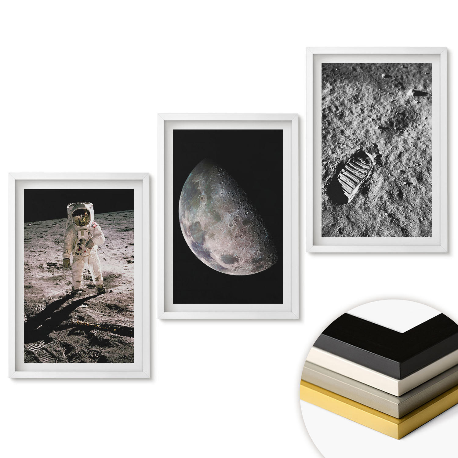 WANDBILDER 3er-Set - 40x60 cm Weißer Rahmen - Astronautenfoto vom Mond - Weiß, Kunststoff (40/60cm) - ArtPrintCave