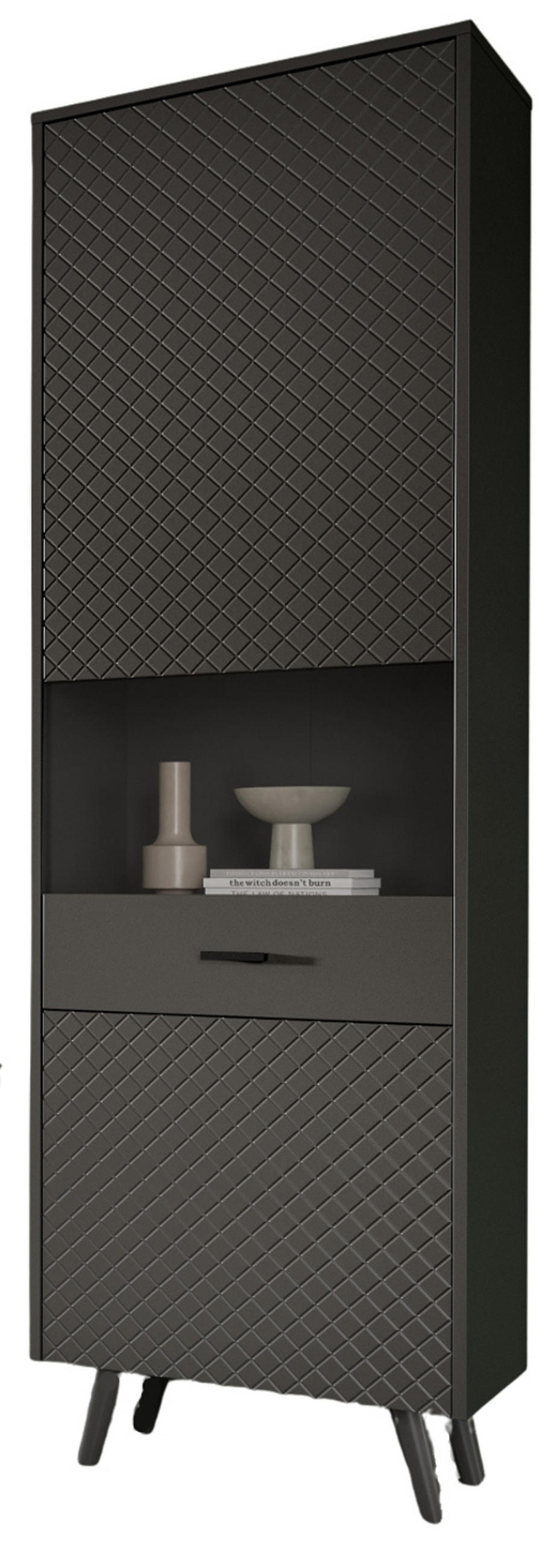 VITRINE grau matt 58 x 195 cm, Vitrinenschrank mit Struktur - Schwarz/Grau, Glas/Holzwerkstoff (58/195/37cm) - Inn.Furn