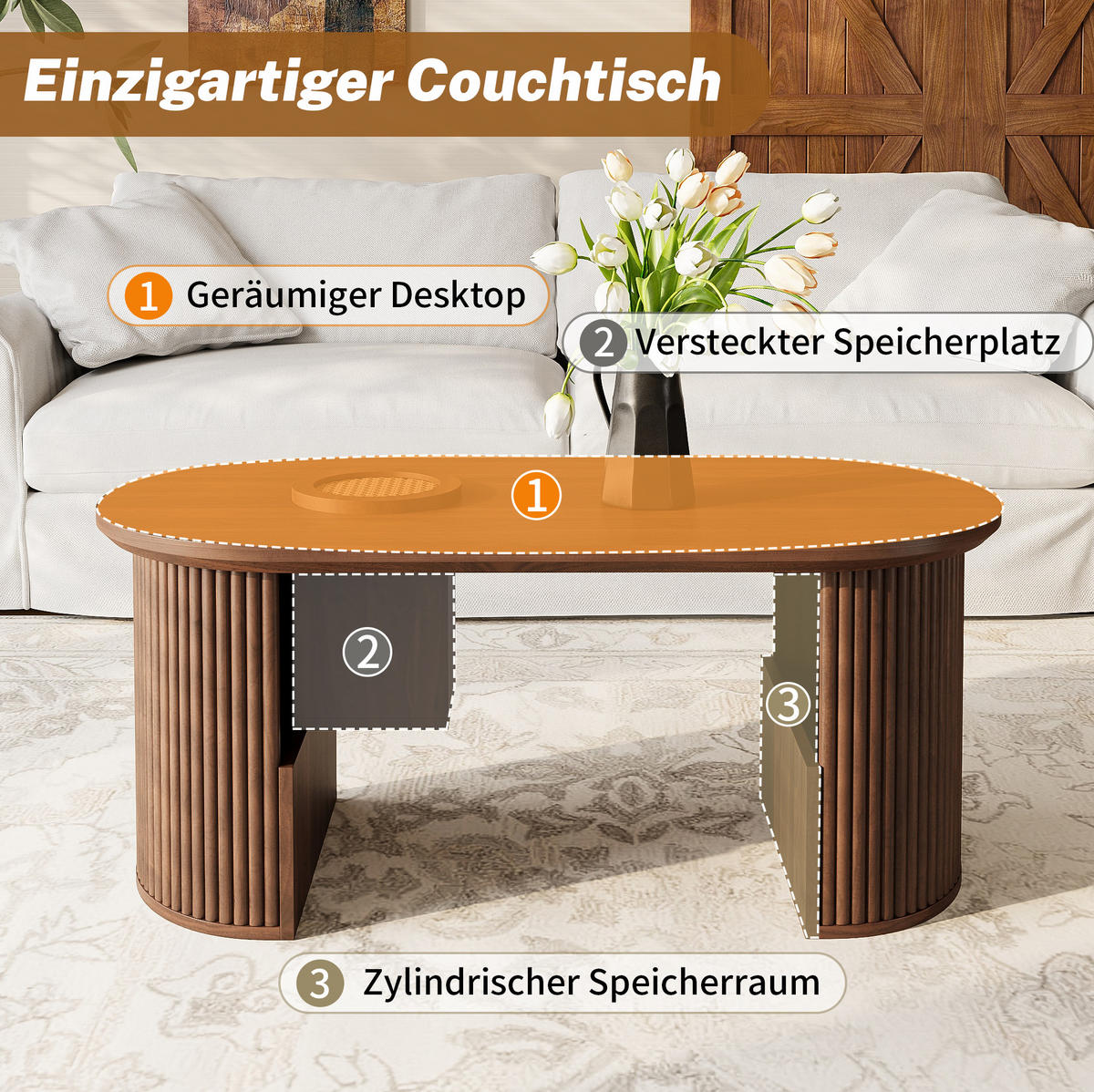 COUCHTISCH aus MDF 105x50x46,5 cm in Nussbaum mit Stauraum - Nussbaumfarben, Holzwerkstoff (105/50/46.5cm) - Modfu