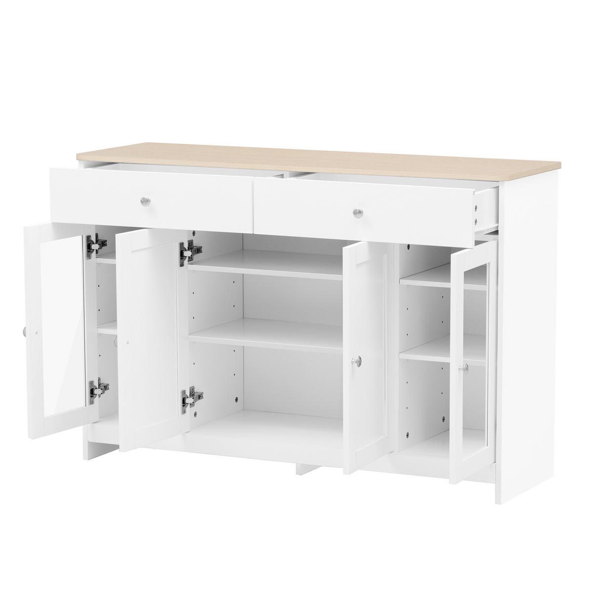 SIDEBOARD 120/37/80 cm mit 4 Türen, 2 Schubladen & Glaseinsatz im Landhausstil - Weiß, Holzwerkstoff (120/80/37cm) - BEAOK