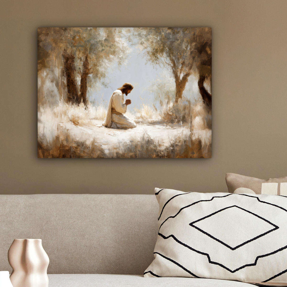 LEINWANDBILD Jesus - Kniend - Waldlandschaft - Betend Wandbild 40x30 cm - Beige/Hellblau, Textil (40/30cm) - MuchoWow