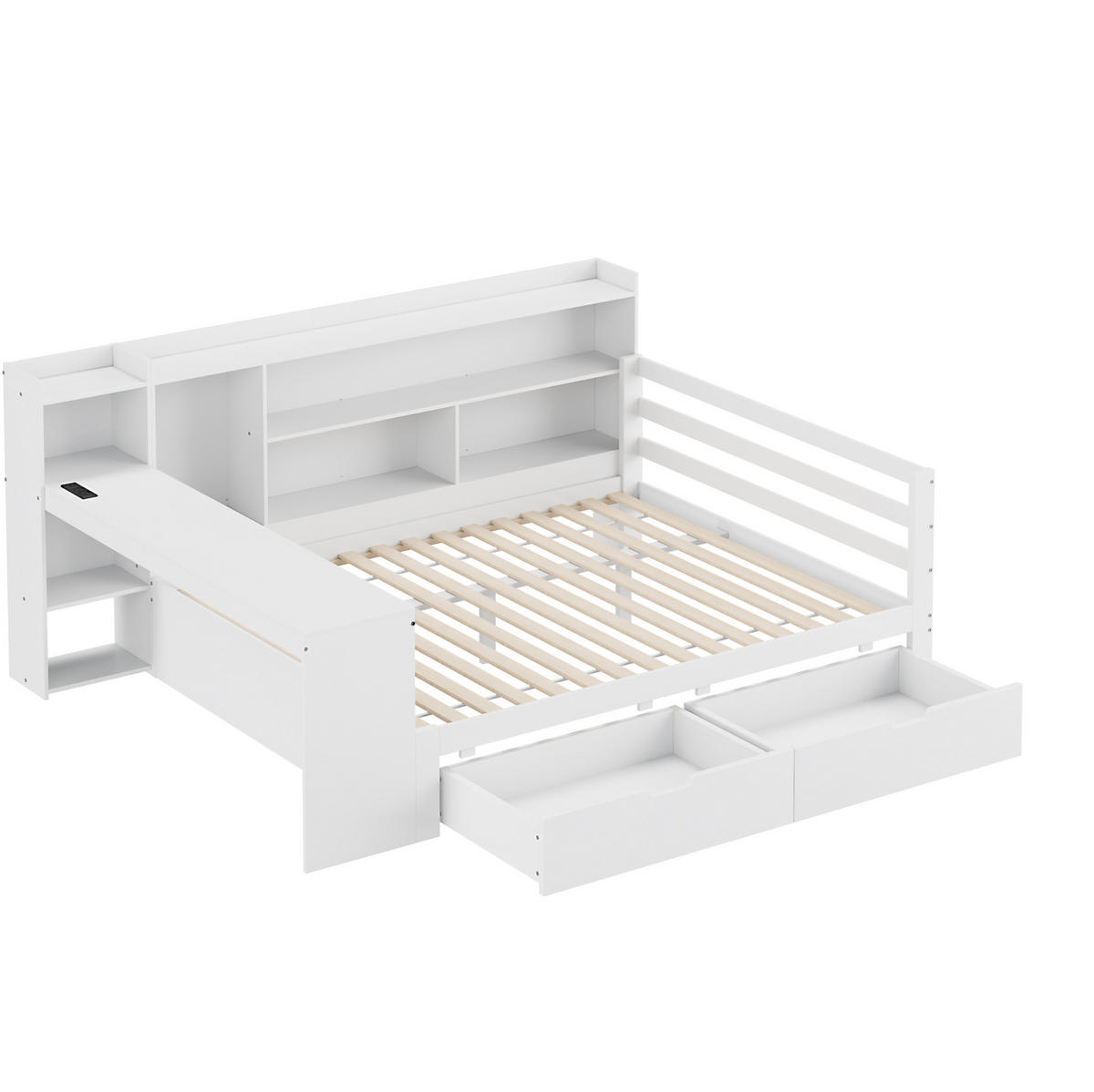 BETT 140x200 cm Weiß mit Schreibtisch, Regalen, USB-Anschluss und 2 Schubladen - Weiß, Holzwerkstoff (140/200cm) - Modfu