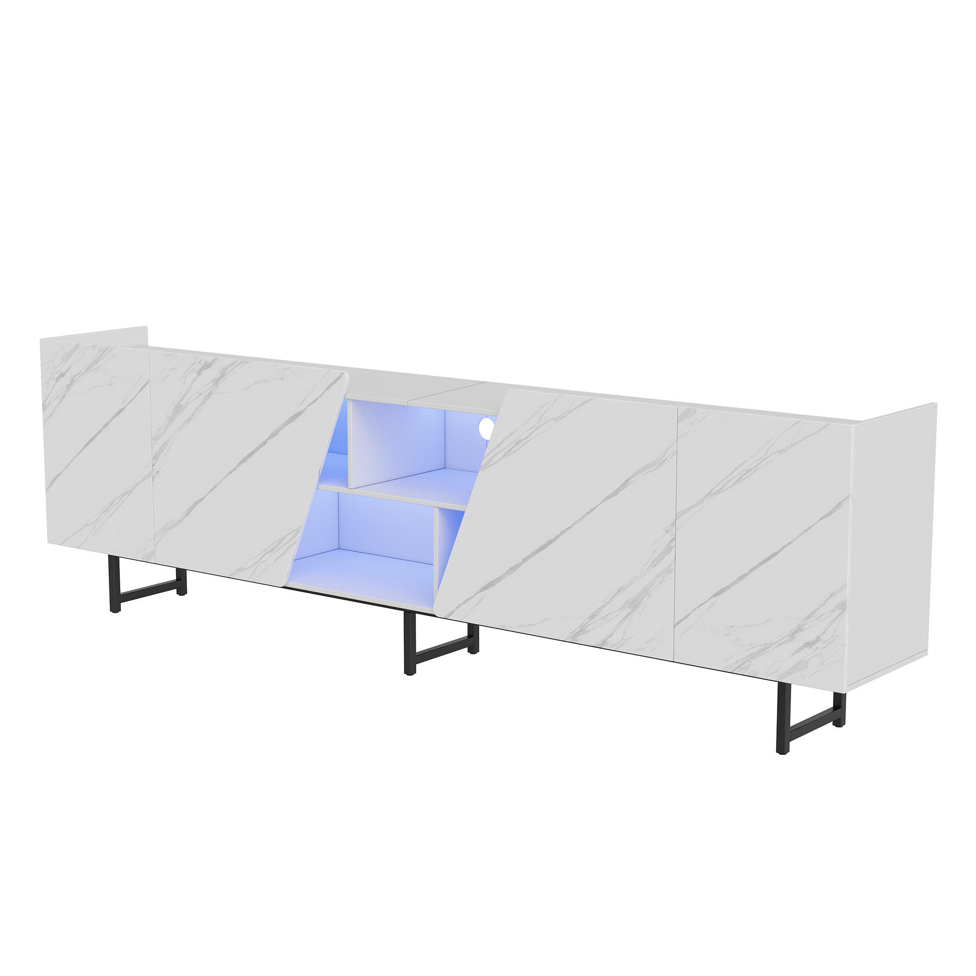 EuroLiving TV stolek 220 cm, mramorový vzhled, minimalistický, modulární úložný prostor, LED, bílý