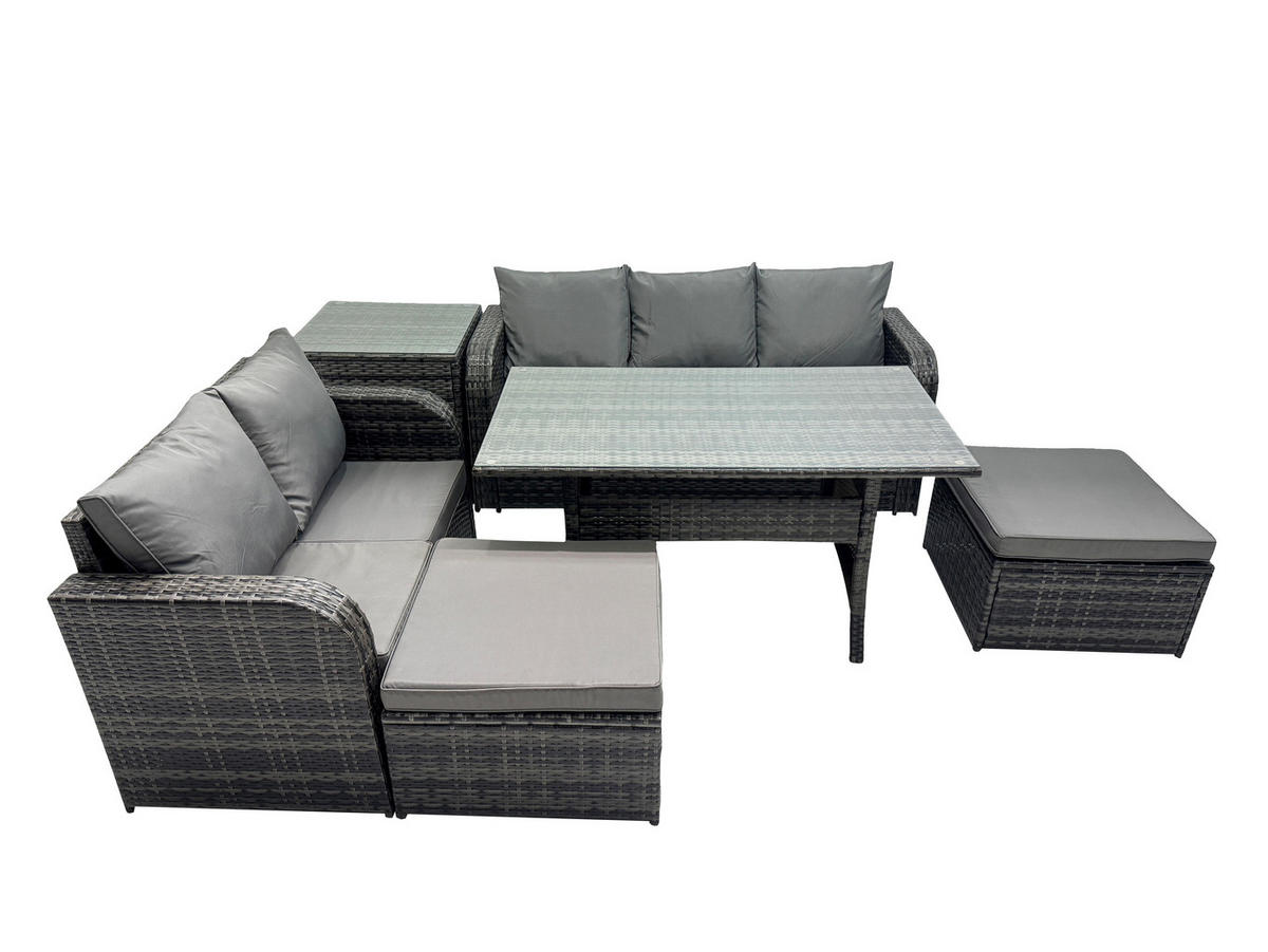 GARTENGARNITUR mit 3-Sitzer Sofa,2 Hockern,Beistelltisch Polyrattan Dunkelgrau 7-Sitzer - Dunkelgrau/Grau, Glas/Kunststoff - Fimous