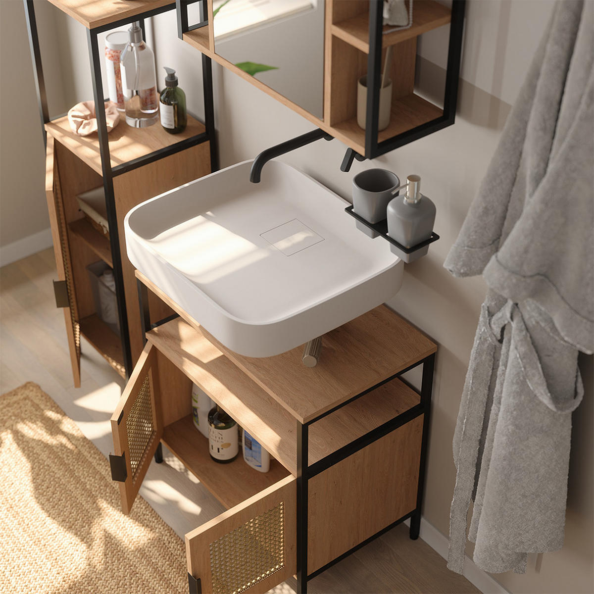 BADMÖBEL-SET Linara, Eiche, 3er Set - Eichefarben, Holzwerkstoff (60/59/35cm) - Vicco