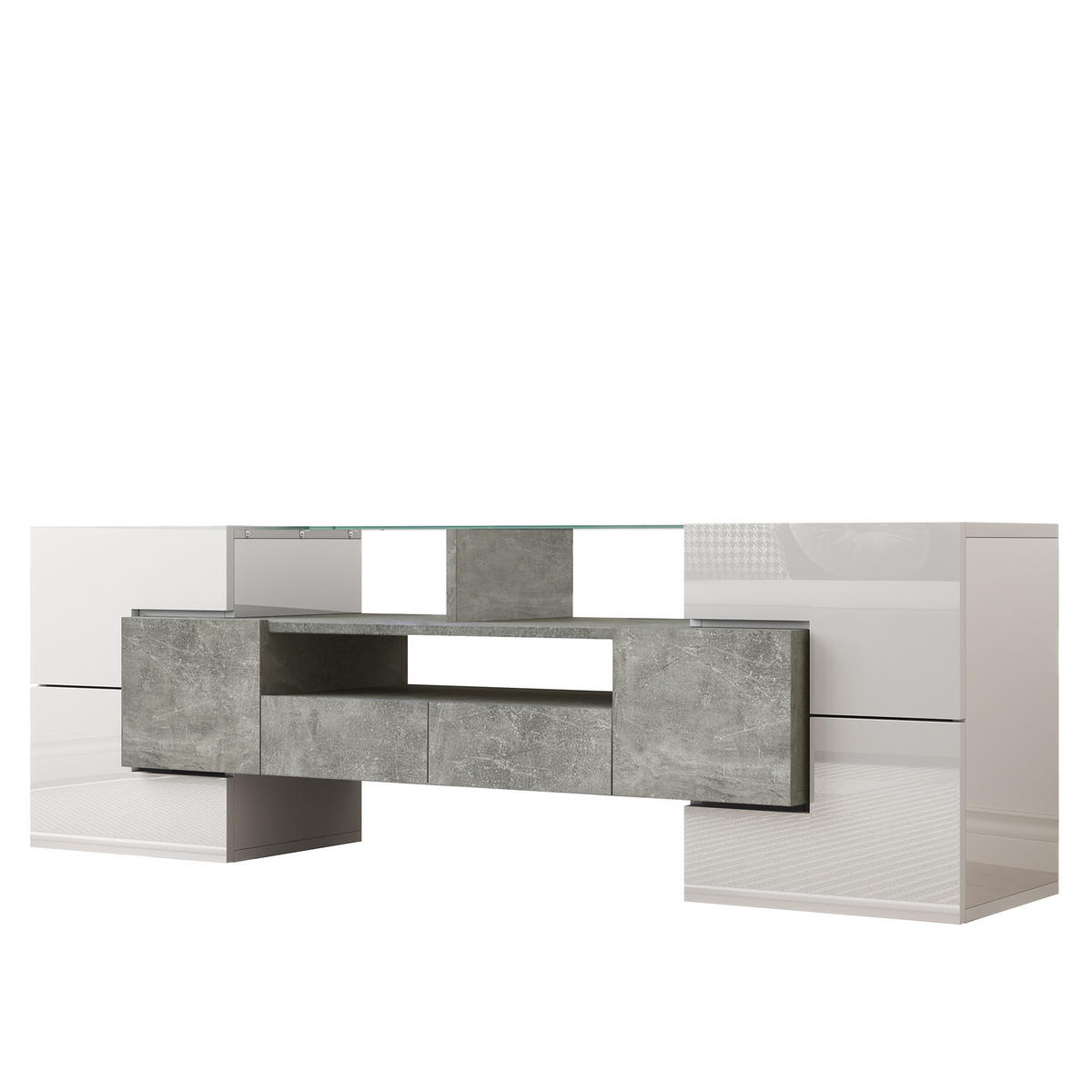 TV ormarić 145/30/51 cm bijelo-beton od iverice s LED rasvjetom i 6 vrata - bijela, drvni materijal (145/51/30cm) - OKWISH