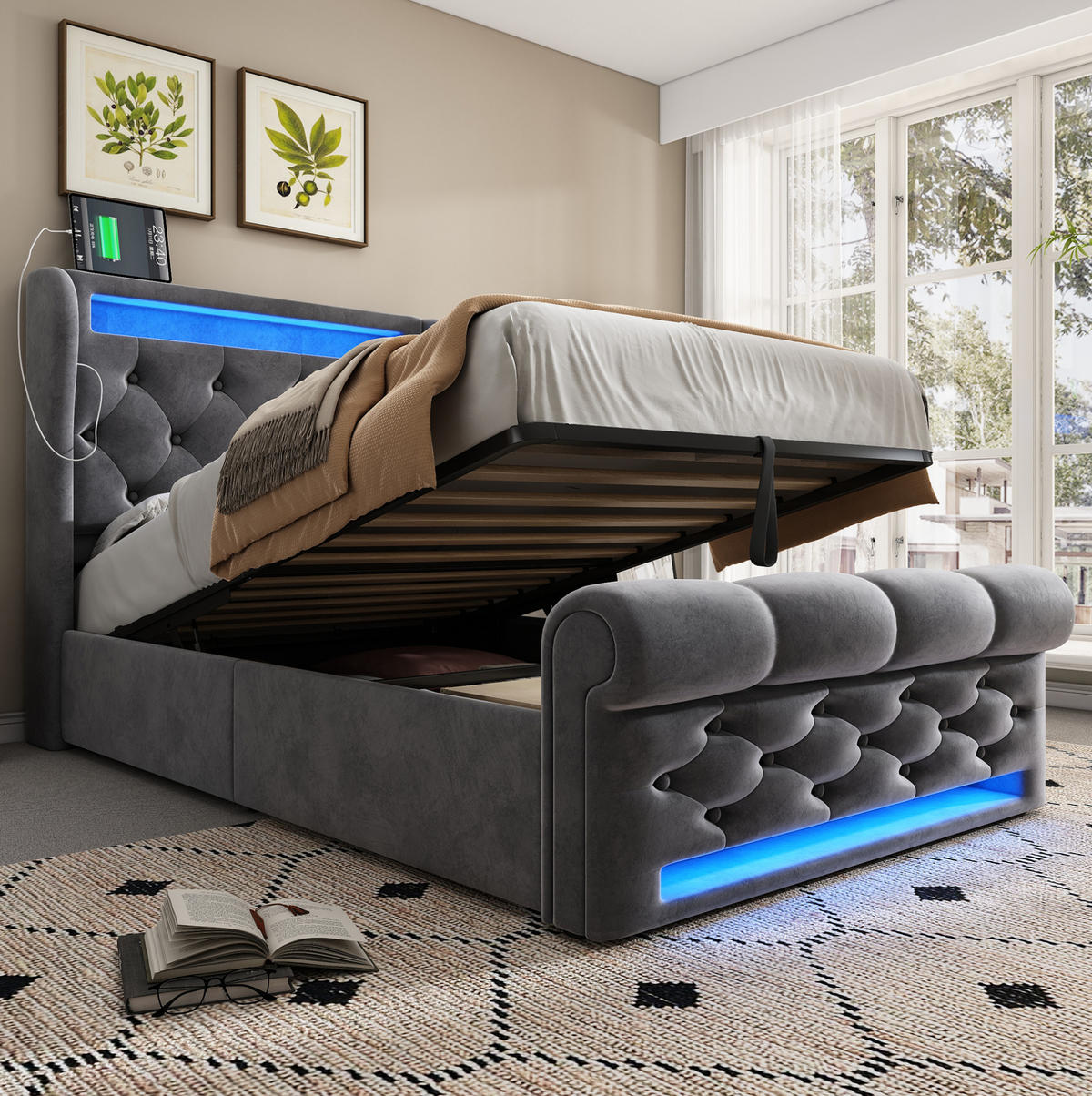 POLSTERBETT 90/200 cm Grau aus Samt mit Stauraum, LED-Beleuchtung und USB - Grau, Textil (90/200cm) - Flora Grace