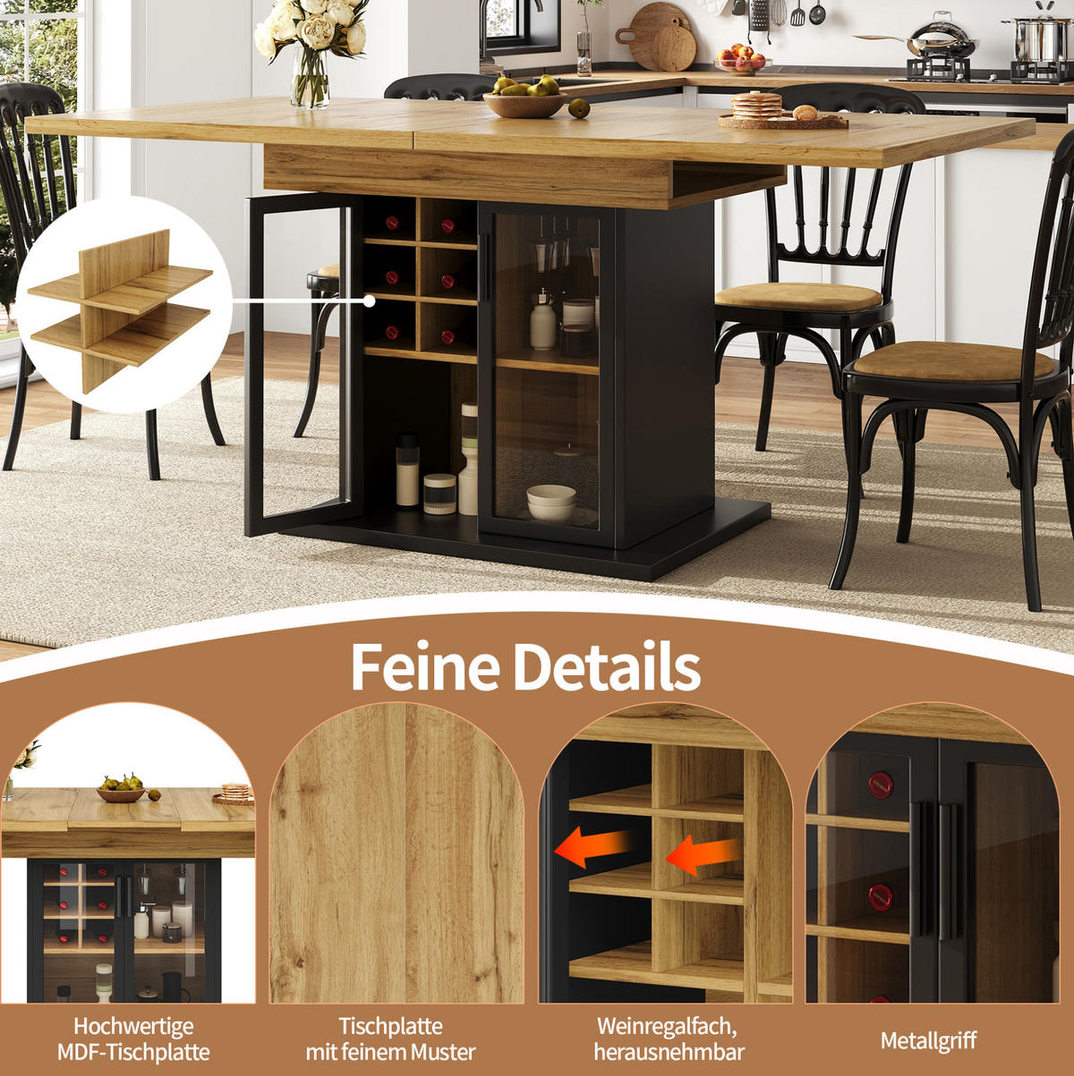 AUSZIEHTISCH 110/80/76 cm Schwarz mit Weinregal-Einsatz und Glastür aus MDF - Schwarz, Holzwerkstoff (110/80/76cm) - OKWISH
