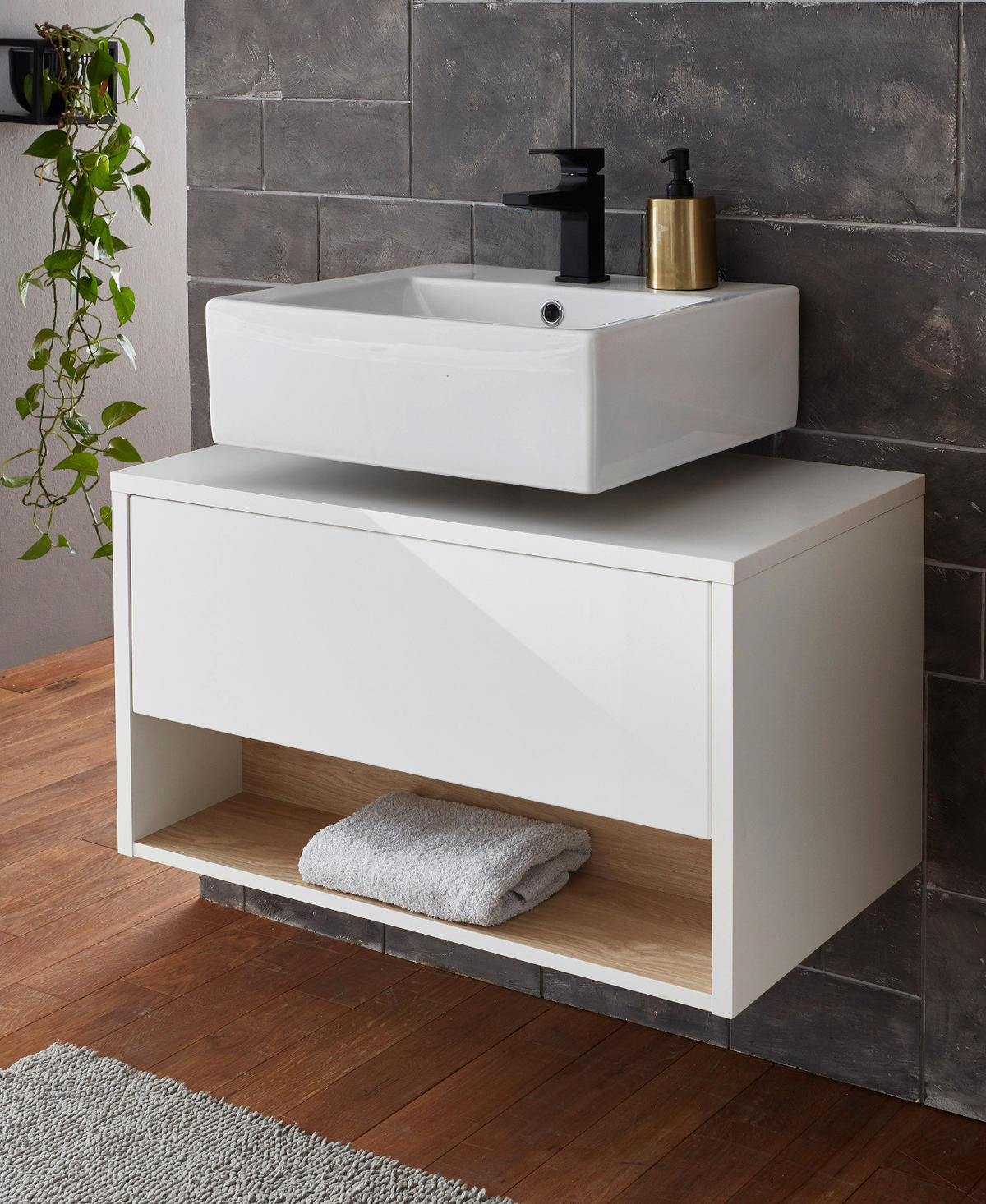 WASCHBECKENUNTERSCHRANK weiß Hochglanz, Eiche 80 cm, Bad Unterschrank mit Push-to-Open - Weiß Hochglanz, Holzwerkstoff (80/46/46cm) - Furn.Design