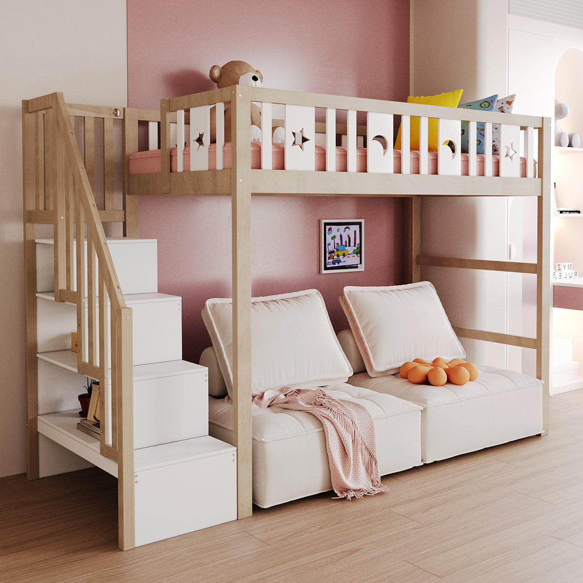 HOCHBETT 90/200 cm in Weiß & Natur Kinderbett mit Regaltreppe und Sicherheitsgeländer - Naturfarben, Holz (90/200cm) - STILVORA