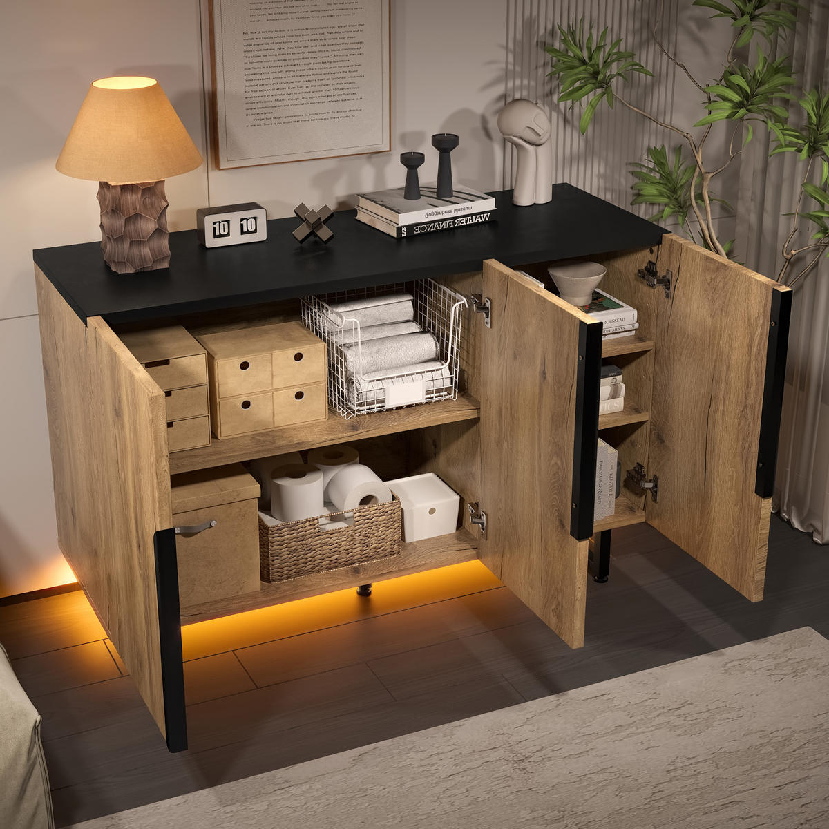 SIDEBOARD mit LED-Beleuchtung - Verstellbare Regalböden, justierbare Füße und freistehende Konstruktion - Natur - Naturfarben, Holz/Holzwerkstoff (38/80/120cm) - KOMHTOM