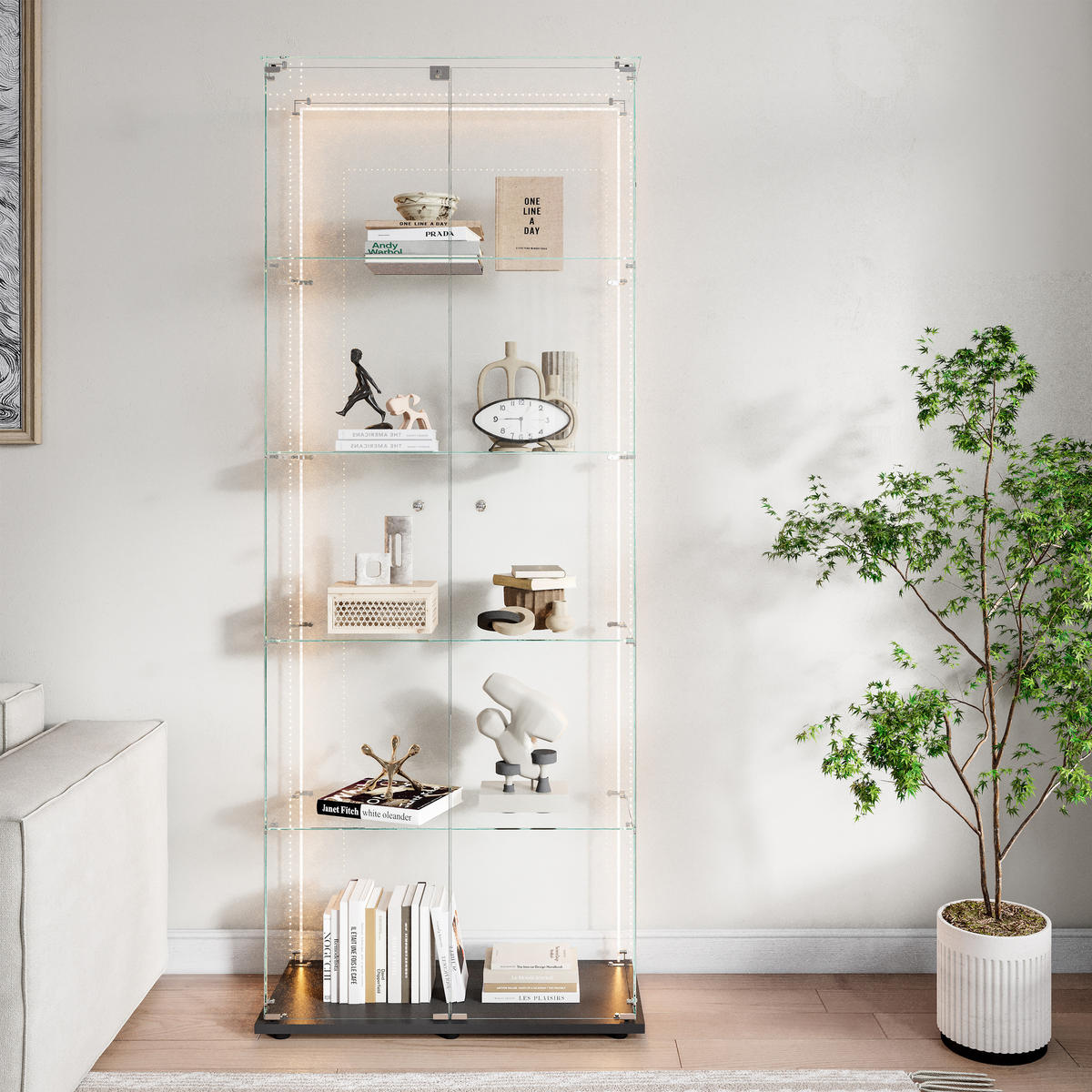 GLASVITRINE mit 5 Einlegeböden, LED-Lichtleiste, Doppeltür mit Sicherheitsschloss in schwarz - Schwarz, Glas/Holz (36.5/183/80.6cm) - BRILVERDE