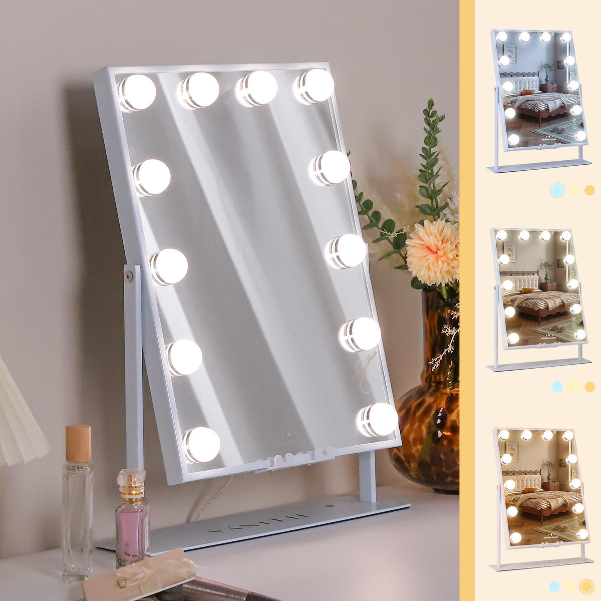 SCHMINKSPIEGEL mit LED-Beleuchtung und Bluetooth weiß 30/41 cm - Weiß, Metall (30/41/3cm) - VANITII