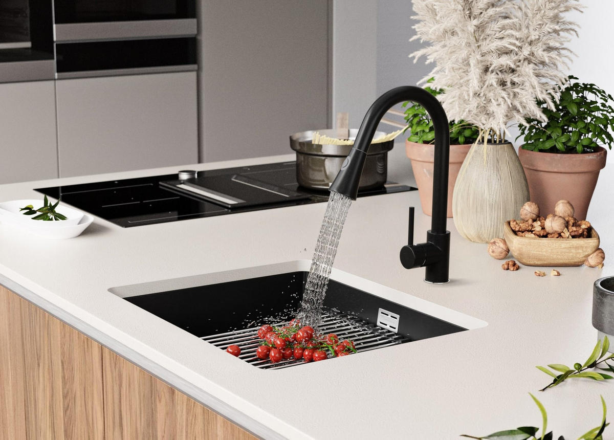 UNTERBAUSPÜLE GRANIT Praga, 2-er set Alles Schwarz 56/47 cm 1 Becken + Ablauf-Set + Aufrollbare Abtropffläche ab 60er Unterschrank - Schwarz, Kunststoff (56/20/47cm) - Primagran