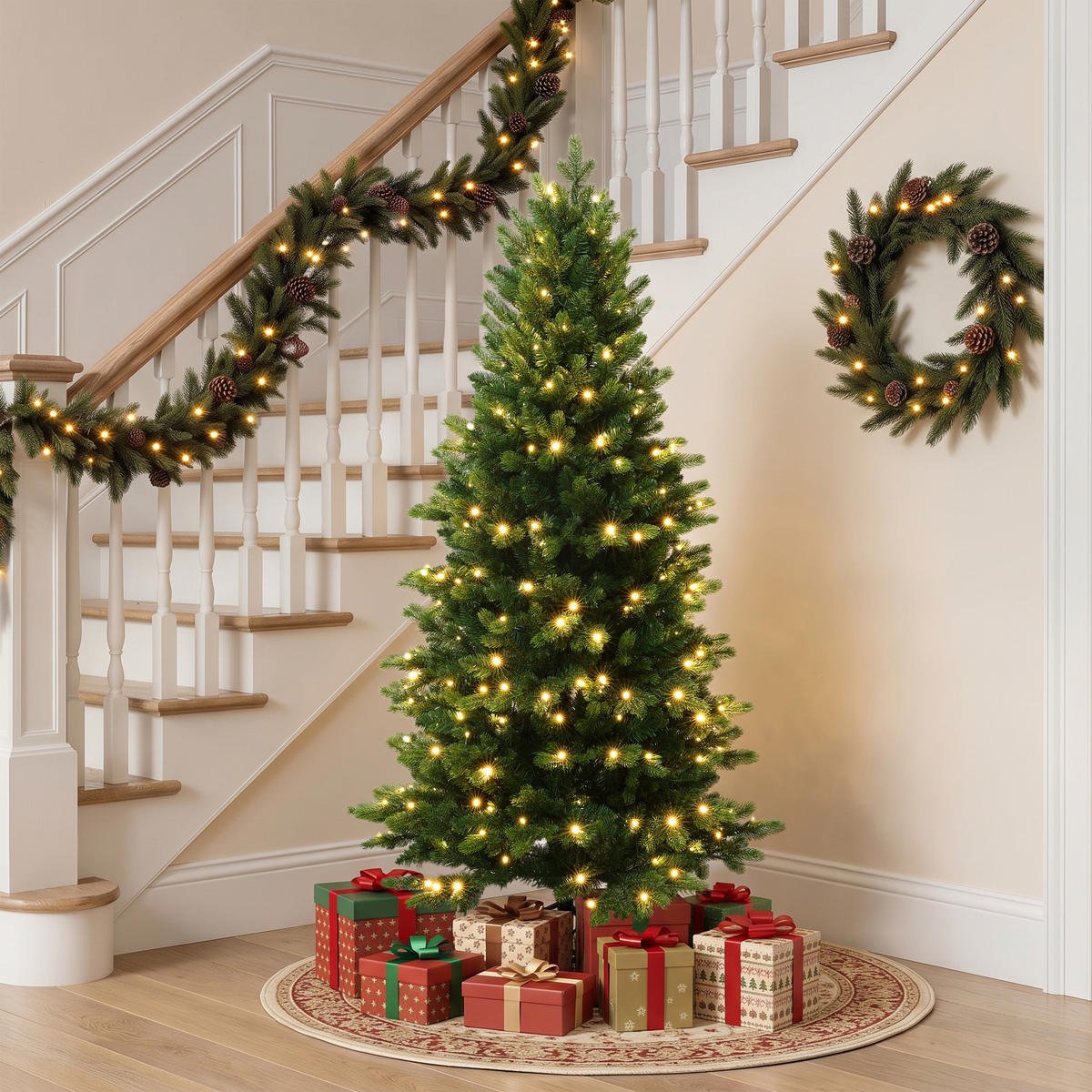 KÜNSTLICHER Weihnachtsbaum 155 cm mit 220 LEDs, Fichten-Optik,1257 PE/PVC-Spitzen - Grün, Kunststoff (81/155cm) - Hometopia
