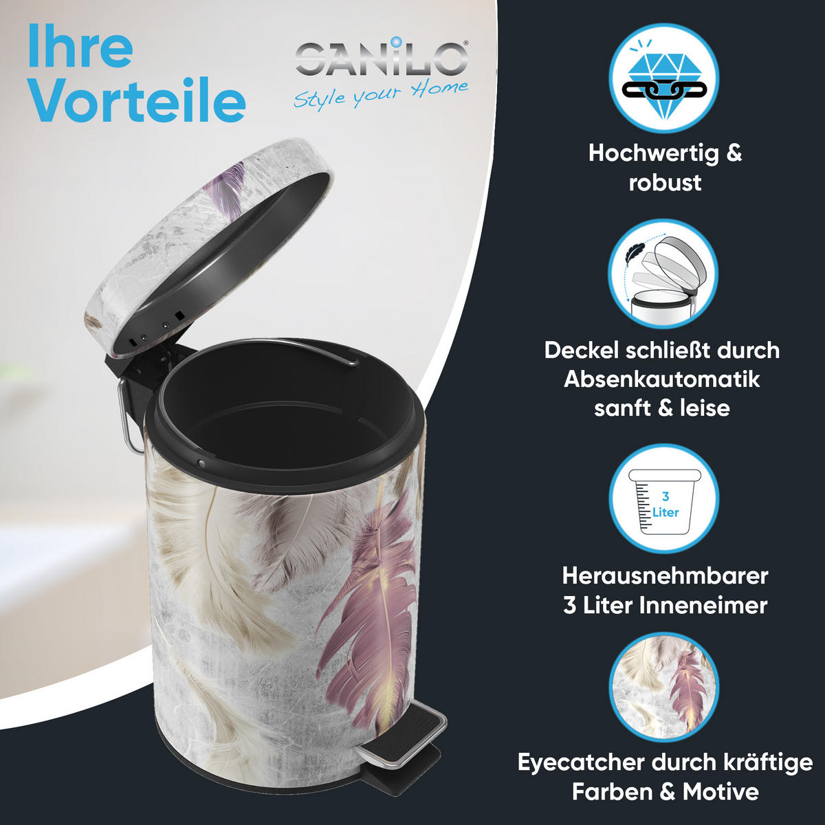 KOSMETIKEIMER Federn - Beige/Lila, Kunststoff/Metall (17/25/25cm) - Sanilo