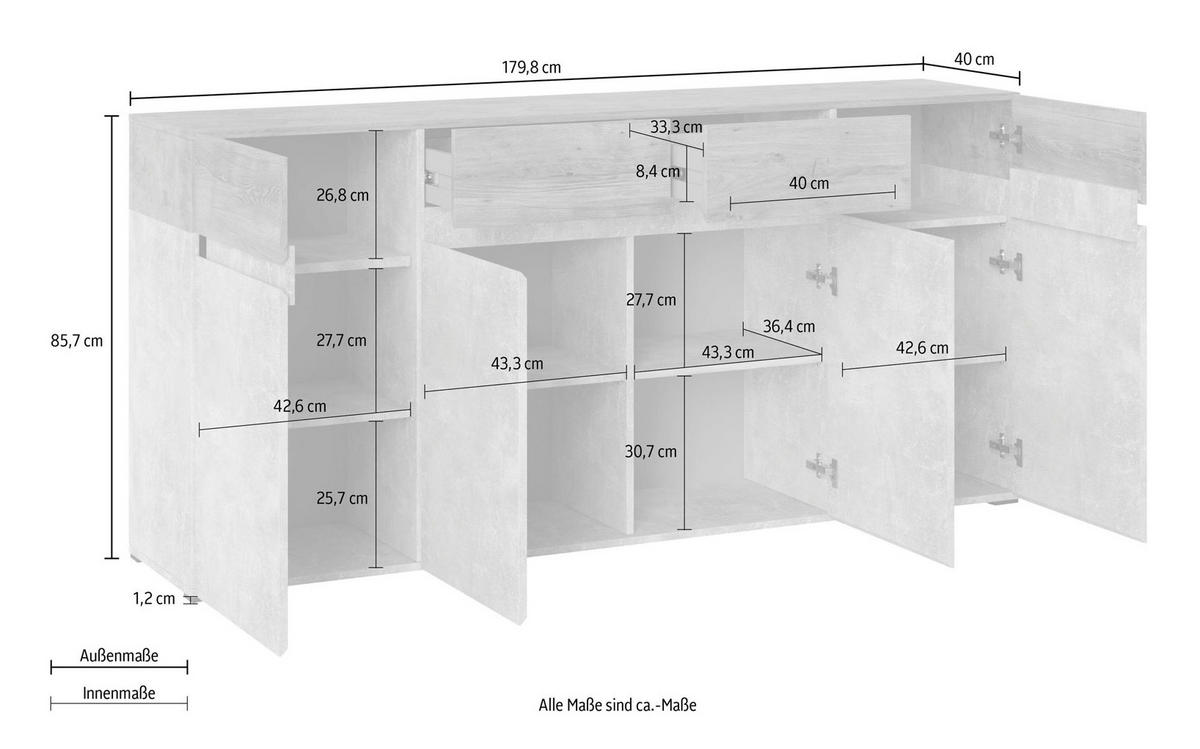SIDEBOARD Rimini Weiß / Artisan Eiche 180 / 40 / 86cm - Weiß/Braun, Holz/Holzwerkstoff (180/86/40cm) - Feldmann-Wohnen