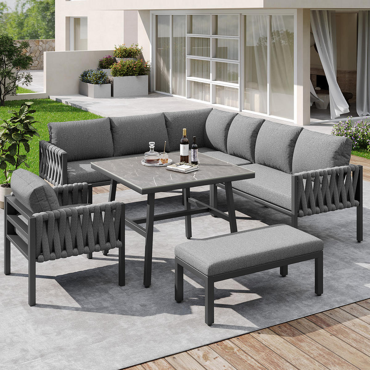 GARTENLOUNGE-SET GRAU mit Seilgeflecht verstellbaren Beinen und Glastisch inkl. Kissen - Grau, Textil - BLACKCUP