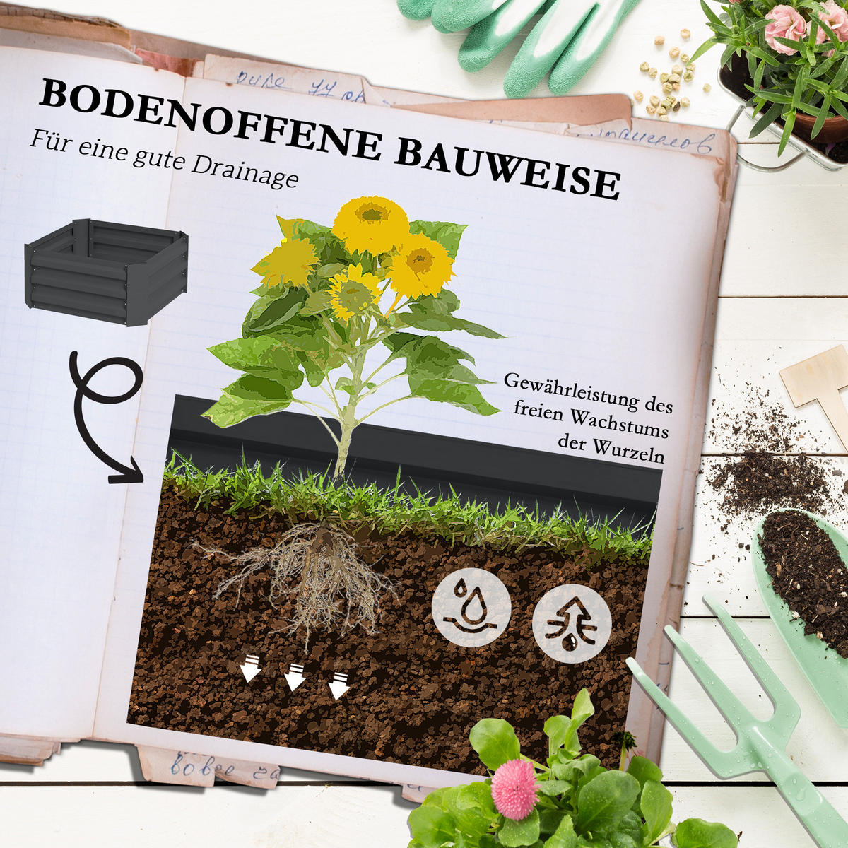 HOCHBEET mit Rankhilfe offenem Boden, Gemüsebeet für Garten - Dunkelgrau, Metall (61/140/61cm) - Outsunny