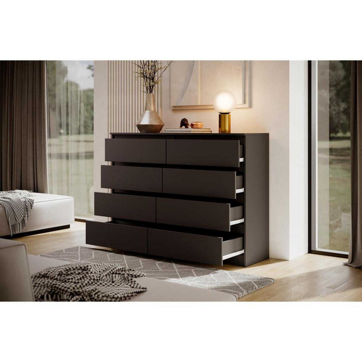 KOMMODE Lemon 140 cm mit acht Schubladen schwarz matt - Schwarz, Holzwerkstoff (140/101.5/39cm) - Beautysofa