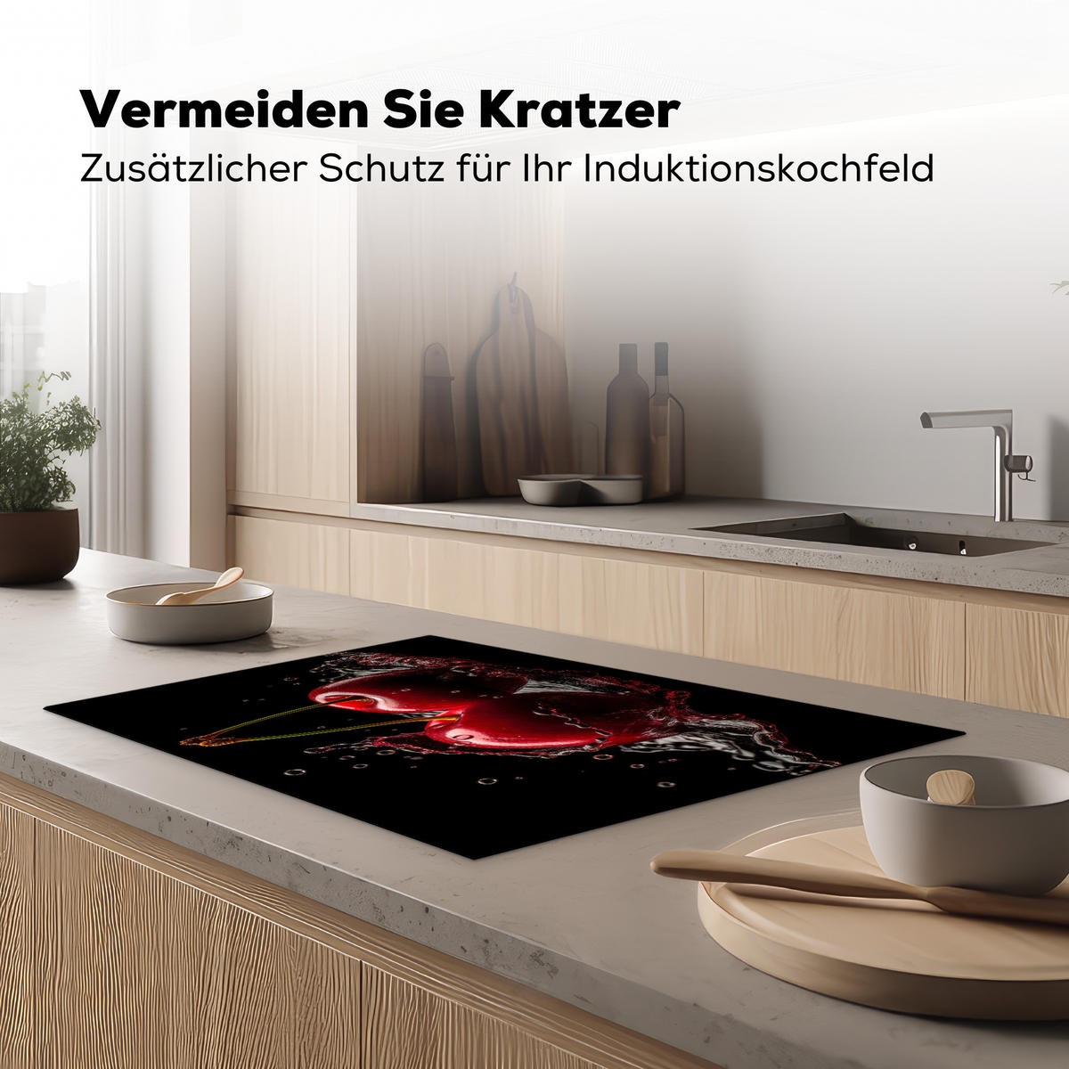 HERDABDECKPLATTE Kirsche - Rot - Frucht - Wasser - Schwarz Induktionsmatte 77x51 cm - Kirschrot, Kunststoff (77/51/0.2cm) - MuchoWow