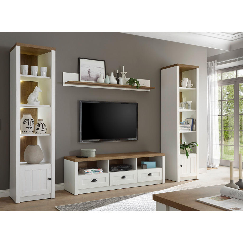 Thumbnail - Furn.Design Wohnwand, Weiß, Eiche, Metall, Nachbildung,Pinie, Uni, Holz Optik, 6 Fächer, 3 Schubladen, 300x198x43 cm, Wo...