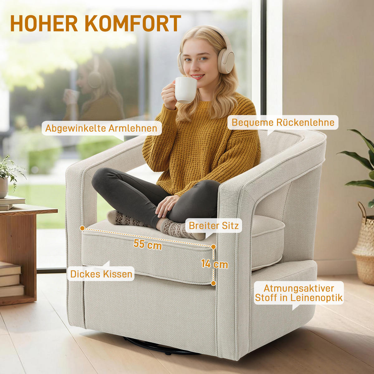 SESSEL Wohnzimmer drehbar Loungesessel mit einteilig Rückenlehne und Armlehnen - Beige/Schwarz, Textil/Metall (75/72/77cm) - HOMCOM