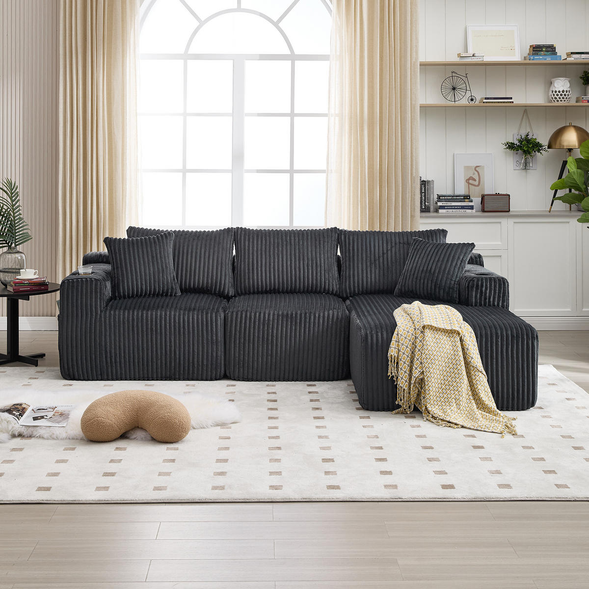 MODULARES Sofa Cord Chaiselongue und 2-Sitzer mit Kissen Taschen und Getränkehaltern 257/90 160/62 cm Grau - Grau, Textil (160/257cm) - Redom