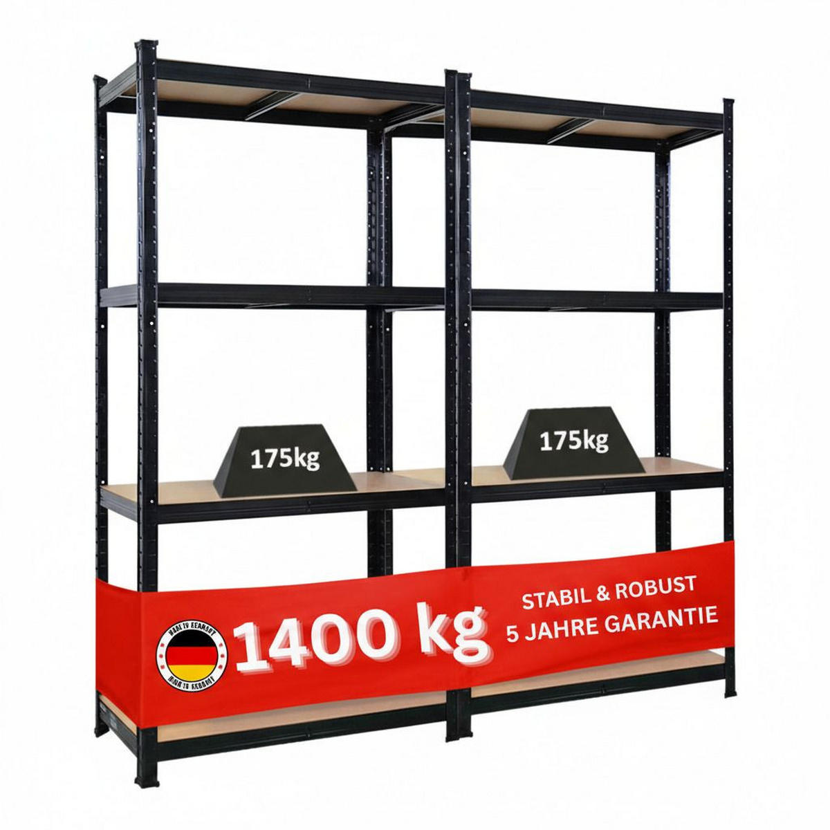 KELLERREGAL Gorilla 2er-Set mit 2x 160x80x40cm Fachlast 175 kg Schwarz - Schwarz, Metall (80/160/40cm) - PROREGAL
