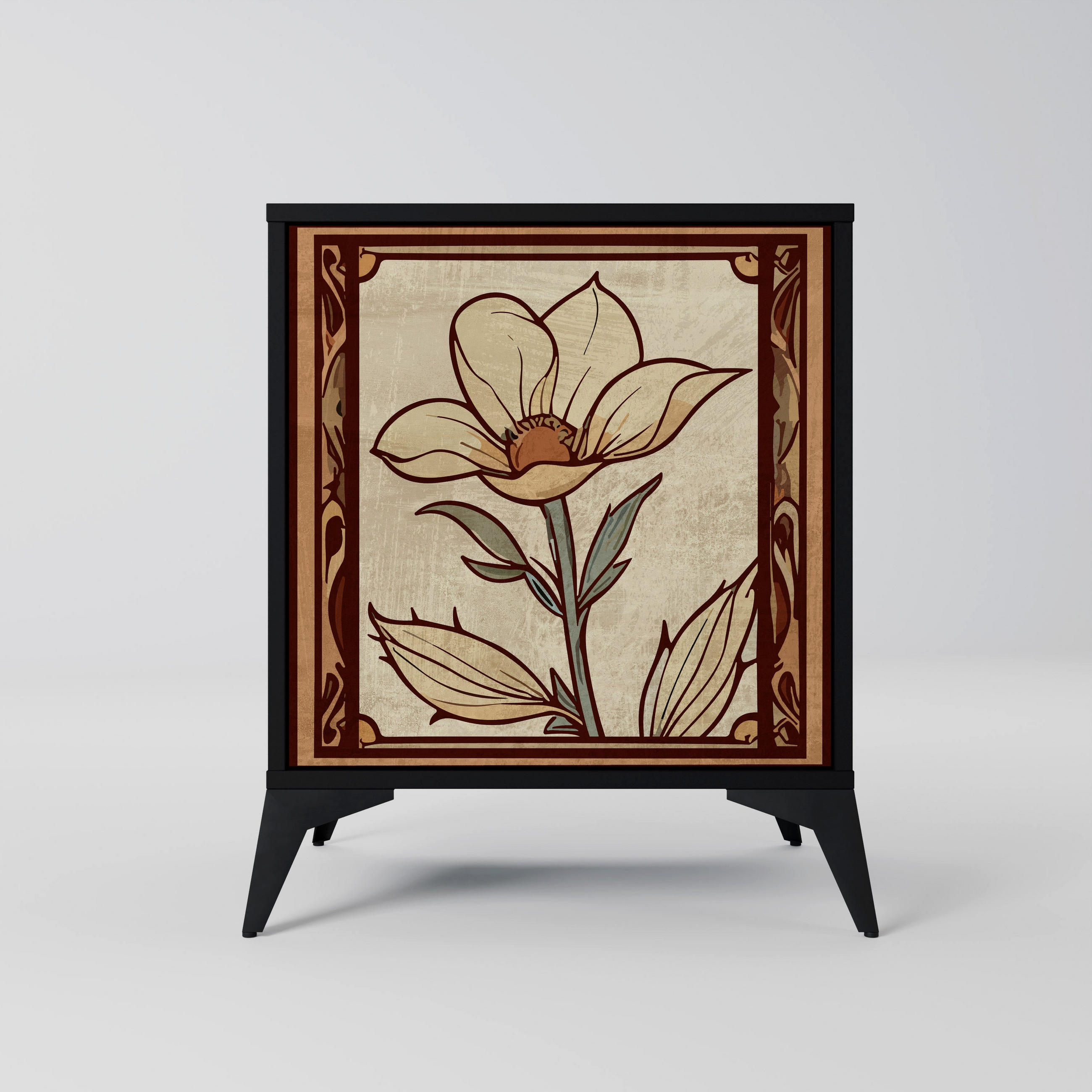 SIDEBOARD TIMELESS FLORA, Schwarz, 57,5x42x70,5 cm, Schwarze Metall-Sternfüße - Multicolor/Schwarz, Holzwerkstoff/Metall (57.5/70.5/42cm) - SpaceRebels