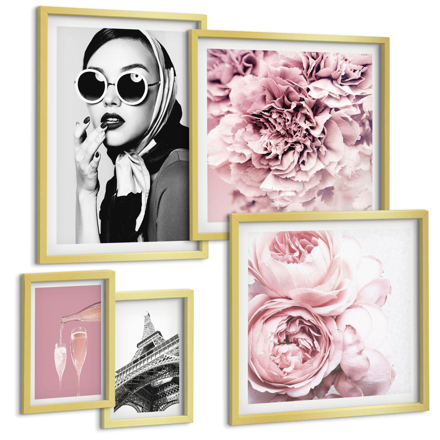 BILDER SET 5er Set - 50x50 cm & 20x30 cm & 40x60 cm Goldrahmen - Porträts, Eiffelturm-Slogans - Goldfarben, Kunststoff (40/60cm) - TULUP