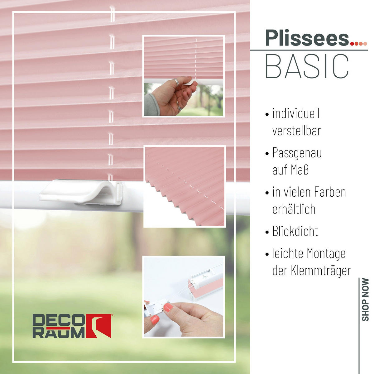 PLISSEE Basic ohne Bohren - Hellrosa, Textil (80/210cm) - Deco-Raum