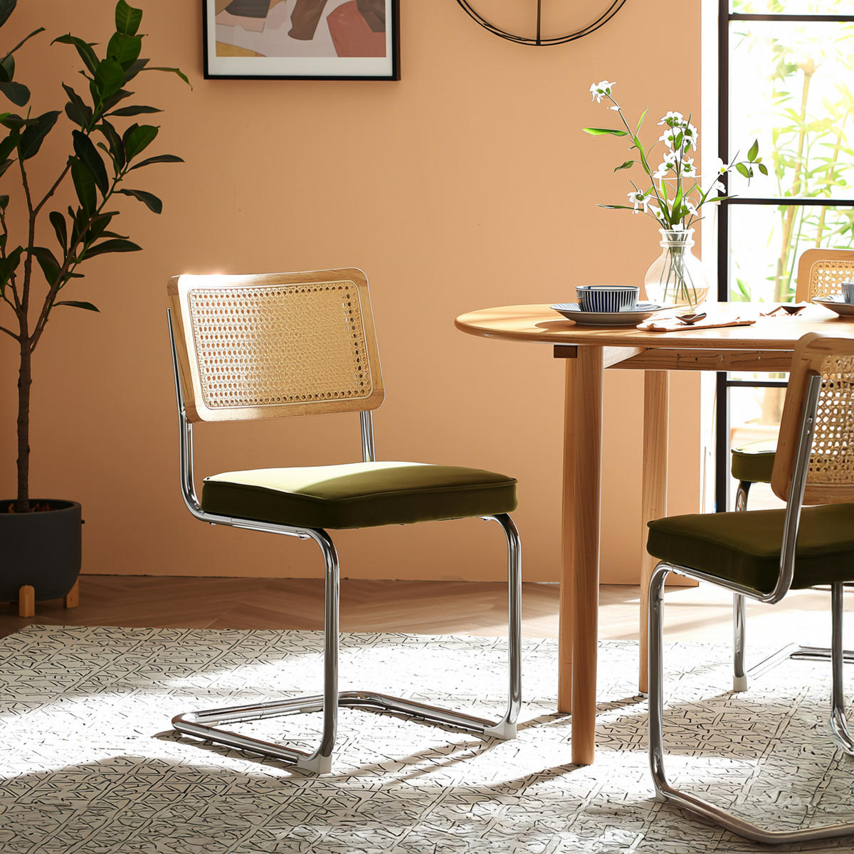 ESSZIMMERSTUHL Set 2er Olivgrün Samt & Rattan Freischwinger mit Chromgestell - Olivgrün, Textil (59/81/47cm) - Urban Meuble