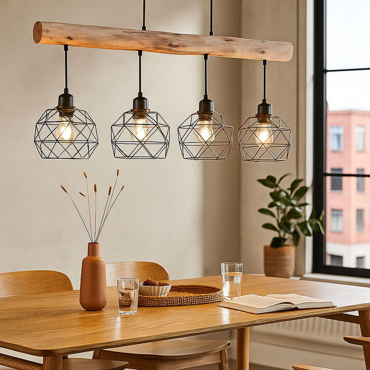 LED HÄNGELEUCHTE Holz Braun Gitter Design - Braun, Holz/Metall (85/18/120cm) - Globo Lighting