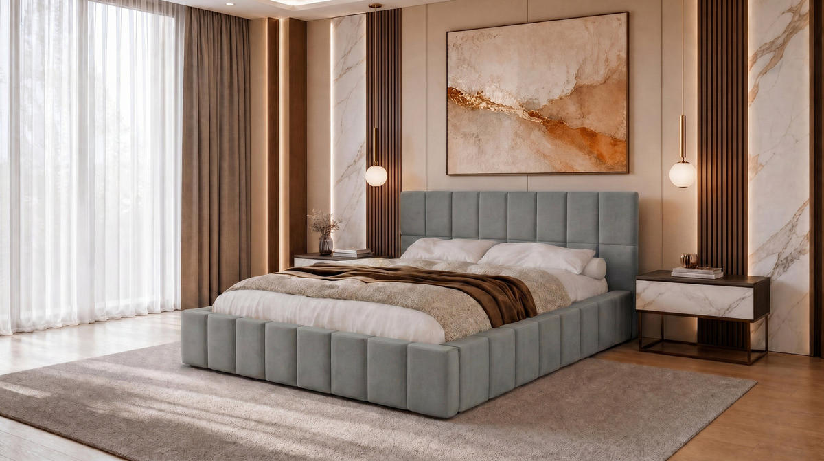 POLSTERBETT 180x200 cm, Alma, Doppelbett mit Bettkasten, Lattenrost aus Holz, Velourstoff, Grau - Grau, Holz/Textil (180/200cm) - Marpur