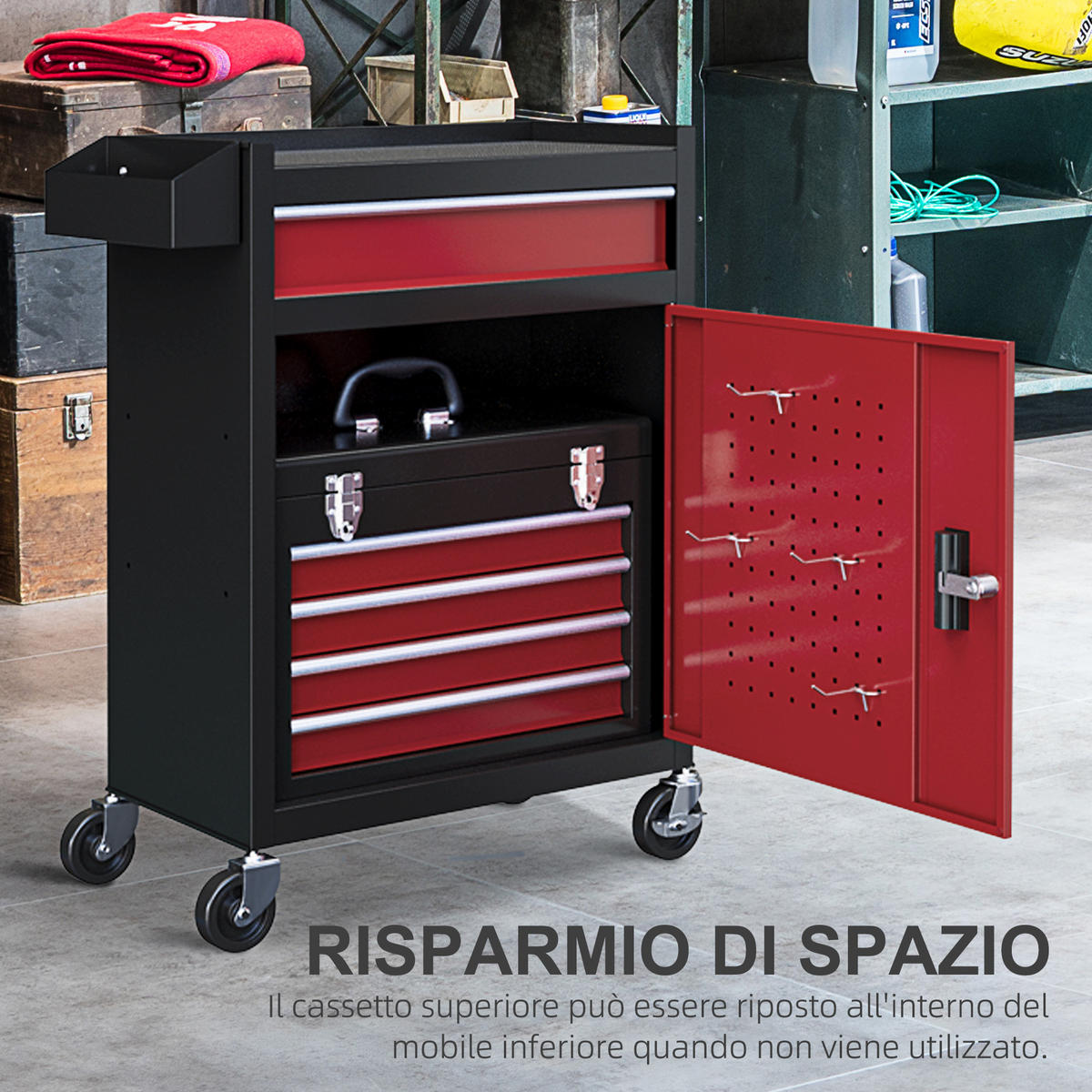 WERKZEUGWAGEN mit 5 Schubladen und Schrank, Rot - Multicolor, Kunststoff (28/102/60cm) - FORIOUS