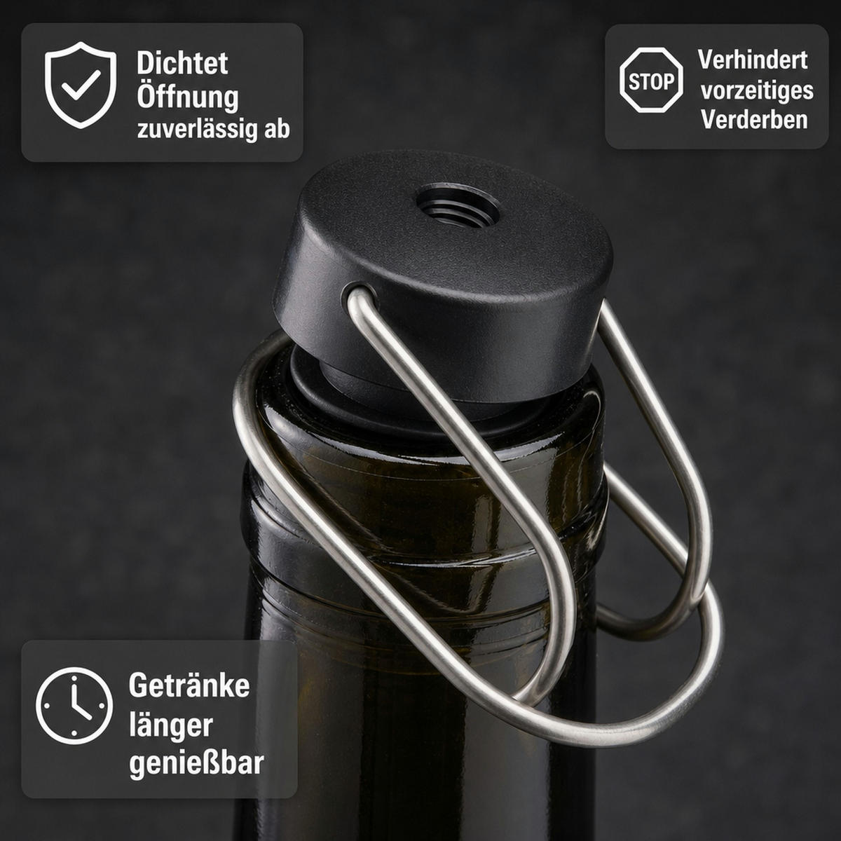 FLASCHENVERSCHLUSS Tip Top Universal - Weinverschluss & Bierverschluss | Wiederverschließbar - Schwarz, Kunststoff (6/6/6cm) - ich-zapfe