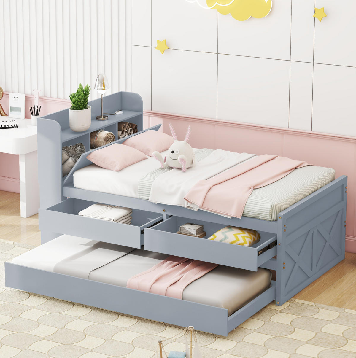 EINZELBETT 90/190 cm grau Multifunktionales Massivholzbett mit USB-Anschluss und ausziehbarem Bett - Grau, Holz (90/200cm) - OKWISH
