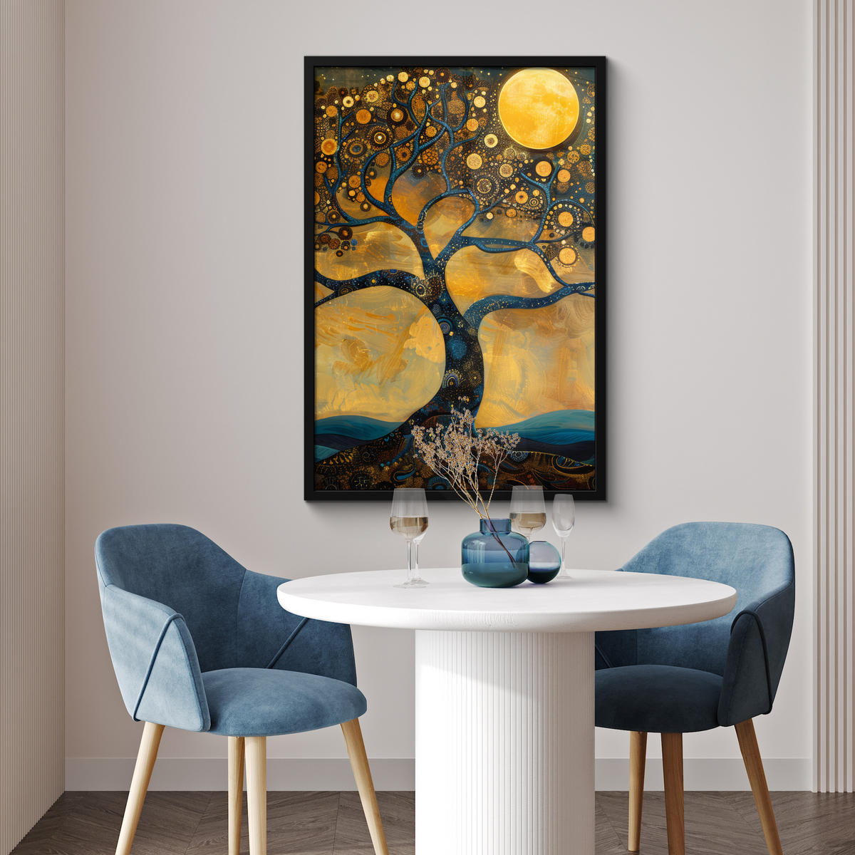 POSTER MIT RAHMENGERAHMTES BILD Baum - Mond - Blumen - Gold - Kunst 60x90 cm - Orange, Papier (60/90cm) - MuchoWow