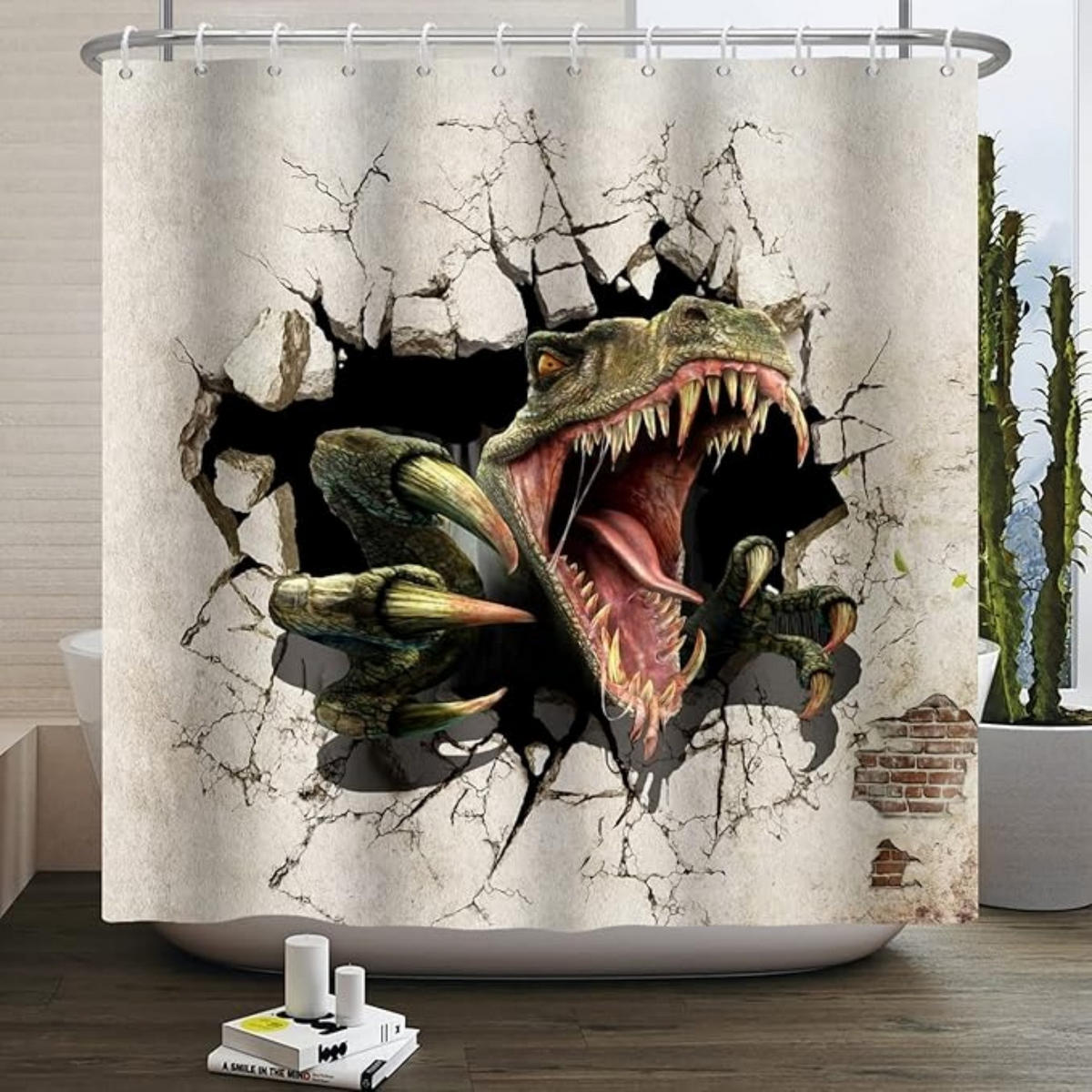 DUSCHVORHANG Dinosaurier Vintage wand waschbar Stoff wasserdicht für Badewanne mit Haken - Grün, Textil (180/180cm) - MCBOSON