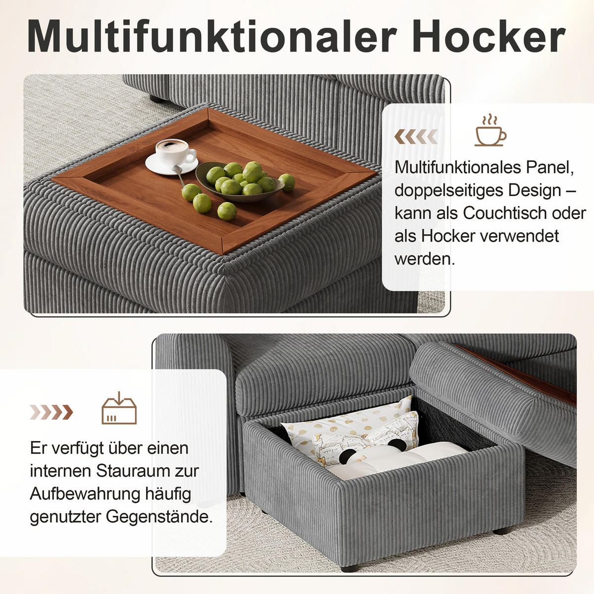 SOFA Grau L-Form Cord Ecksofa Hocker Schaumstoff 282cm - Grau, Textil (153/85/282cm) - FLIEKS