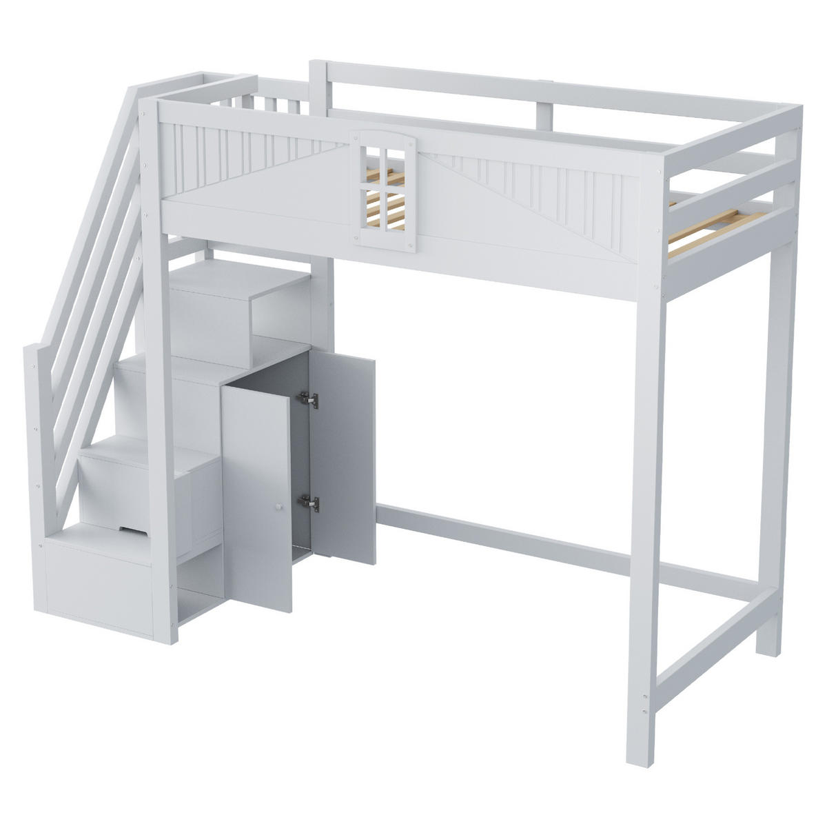HOCHBETT 90/200 cm aus Holzwerkstoff mit Sicherheitszaun, Fenster und Leiter mit Ablage, Grau - Grau, Holzwerkstoff (90/200cm) - Redom