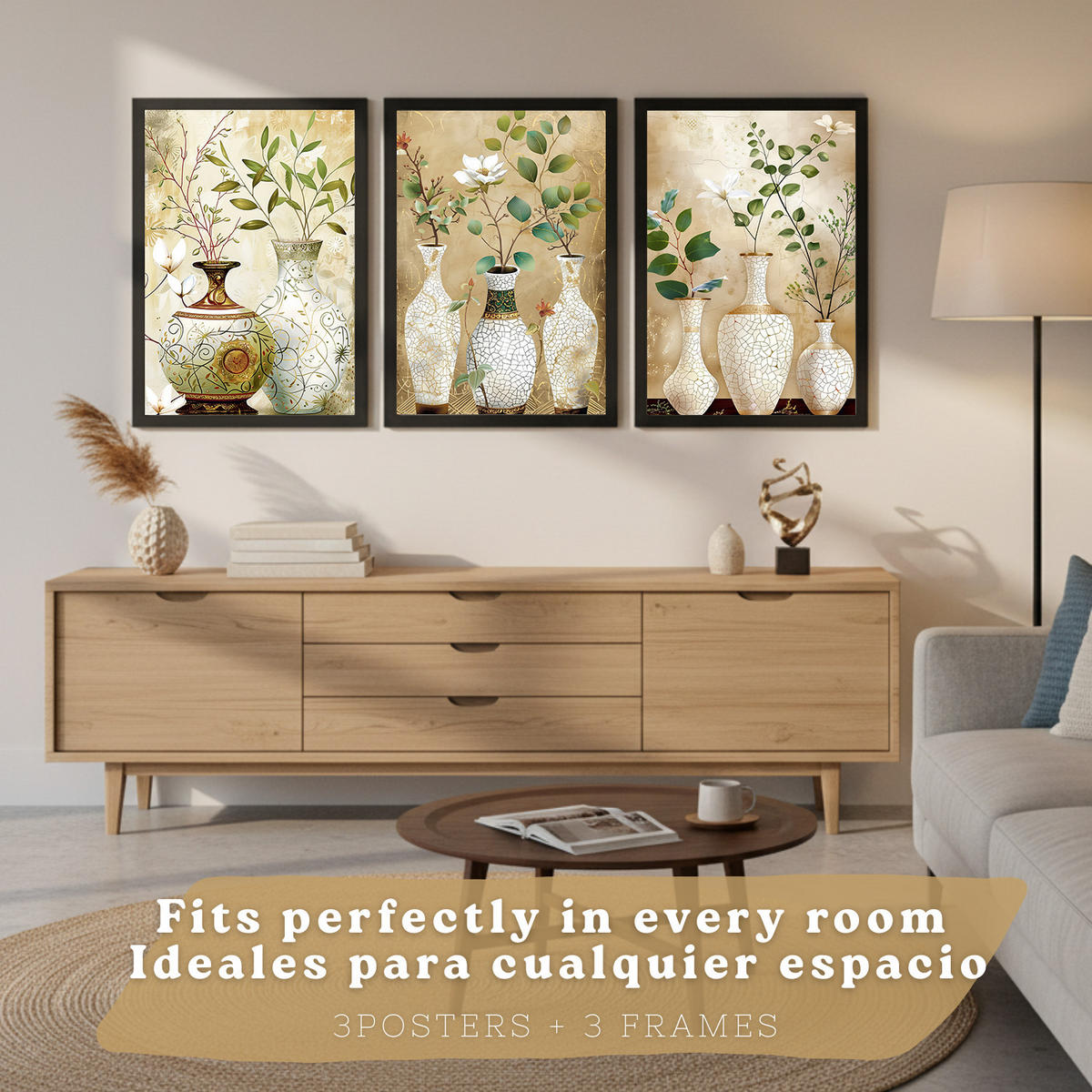 PLAKAT Sada 3 květinových potisků. Dekorativní nástěnné umění s klasickými květinami. Botanické nástěnné PLAKATy s přírodou. Velikost Černý rám A3 - černá, papír (29.7/42/3cm) - Nacnic