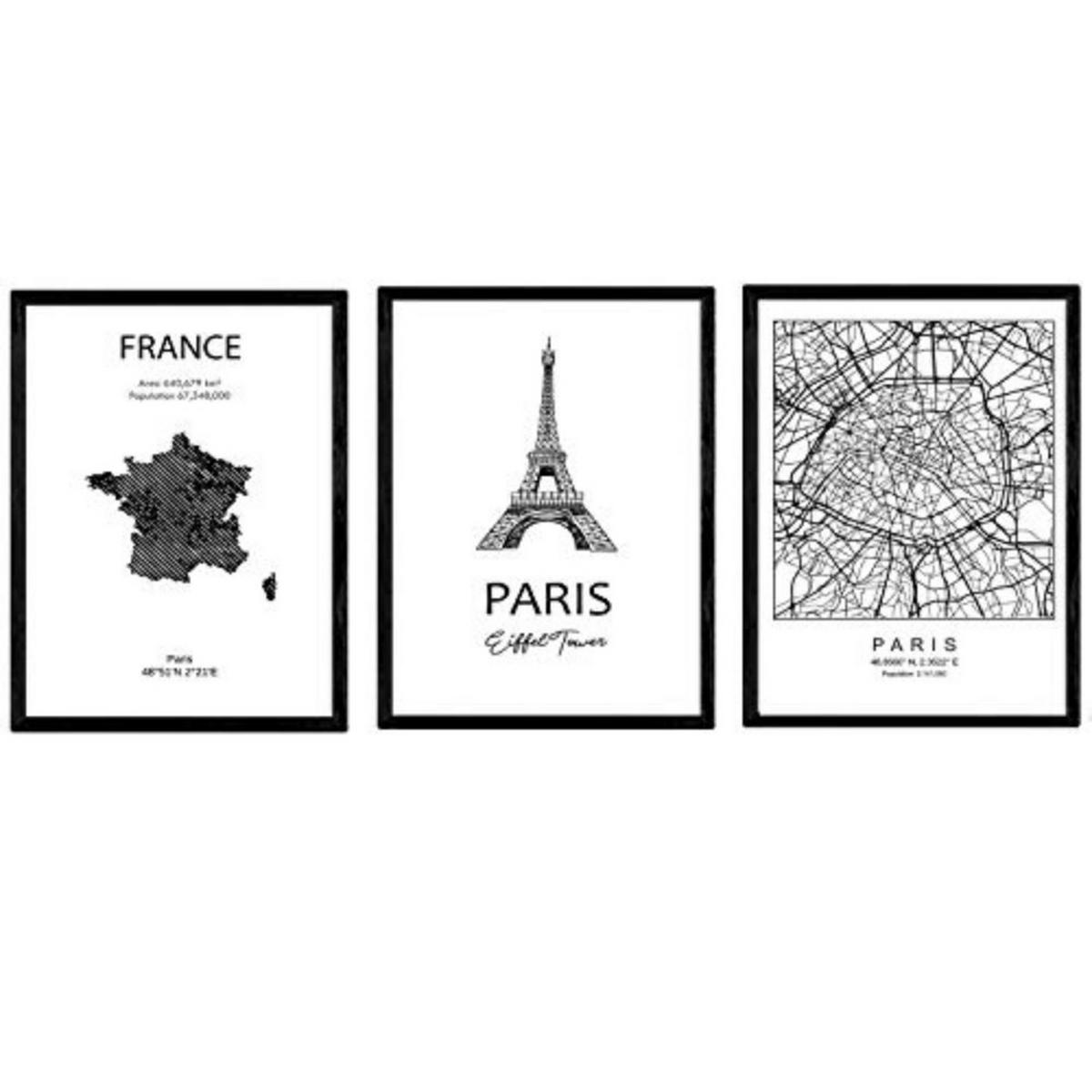 POSTER Set Mit 3 Paris Stadtplan, Eifell Turm A3 Rahmenlos - Klar, Papier (29.7/5/42cm) - Nacnic