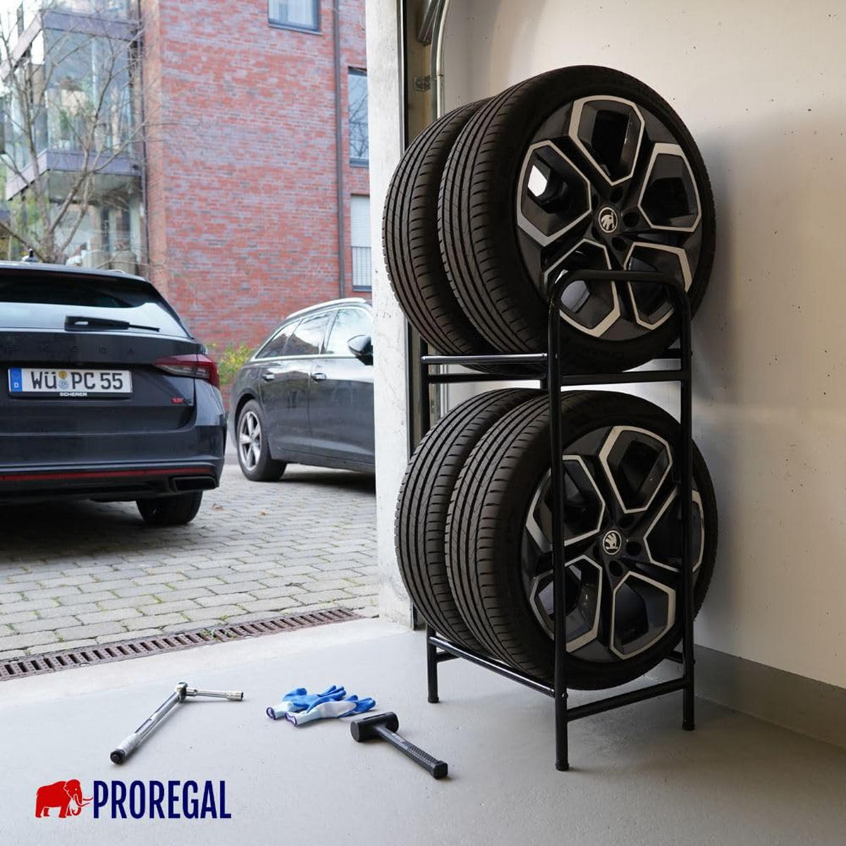 REIFENREGAL Carrero 104x55x40 cm bis zu 4 Reifen auf 2 Ebenen Schwarz - Schwarz, Metall (55/104/40cm) - PROREGAL