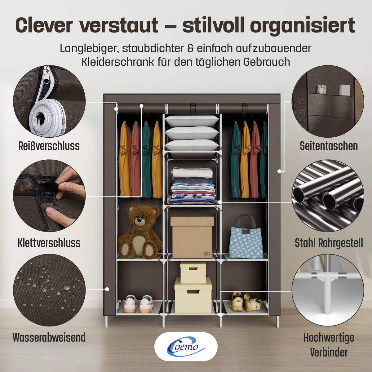 STOFFSCHRANK Kleiderschrank, 2 Kleiderstangen, 130/45/175 cm, Farbe: Braun - Braun, Textil (45/175/130cm) - Coemo