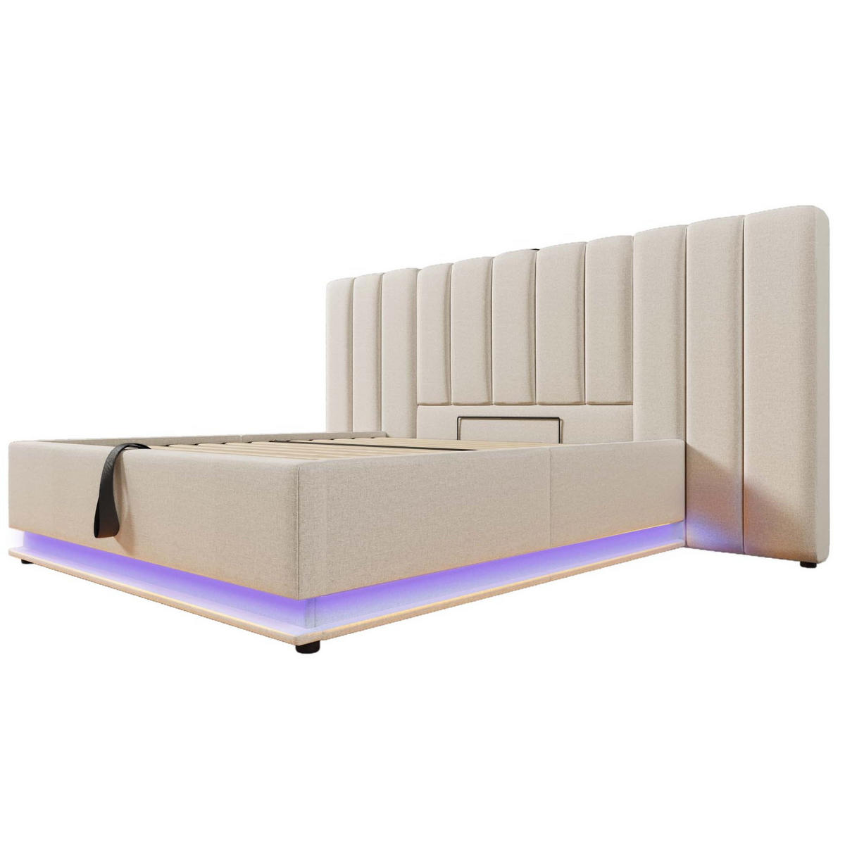 POLSTERBETT 160/200 cm mit LED-Beleuchtung, USB-C und hydraulischem Stauraum, Leinenoptik, und Matratze,Beige - Beige, Textil (160/200cm) - Redom