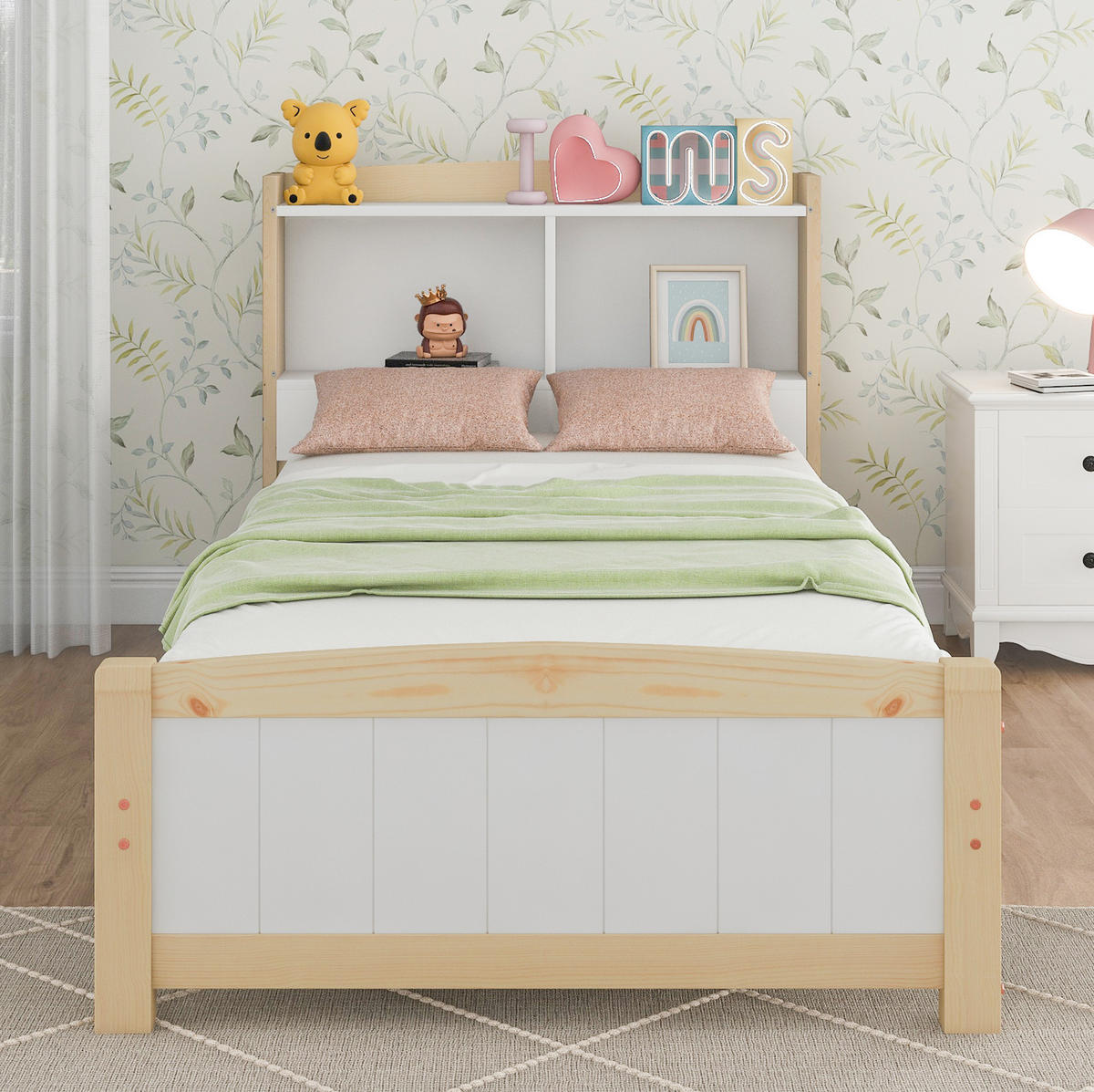 EINZELBETT 90/200 cm mit Stauraum-Kopfteil und Lattenrost, Weiß/Natur - Naturfarben, Holz - Redom